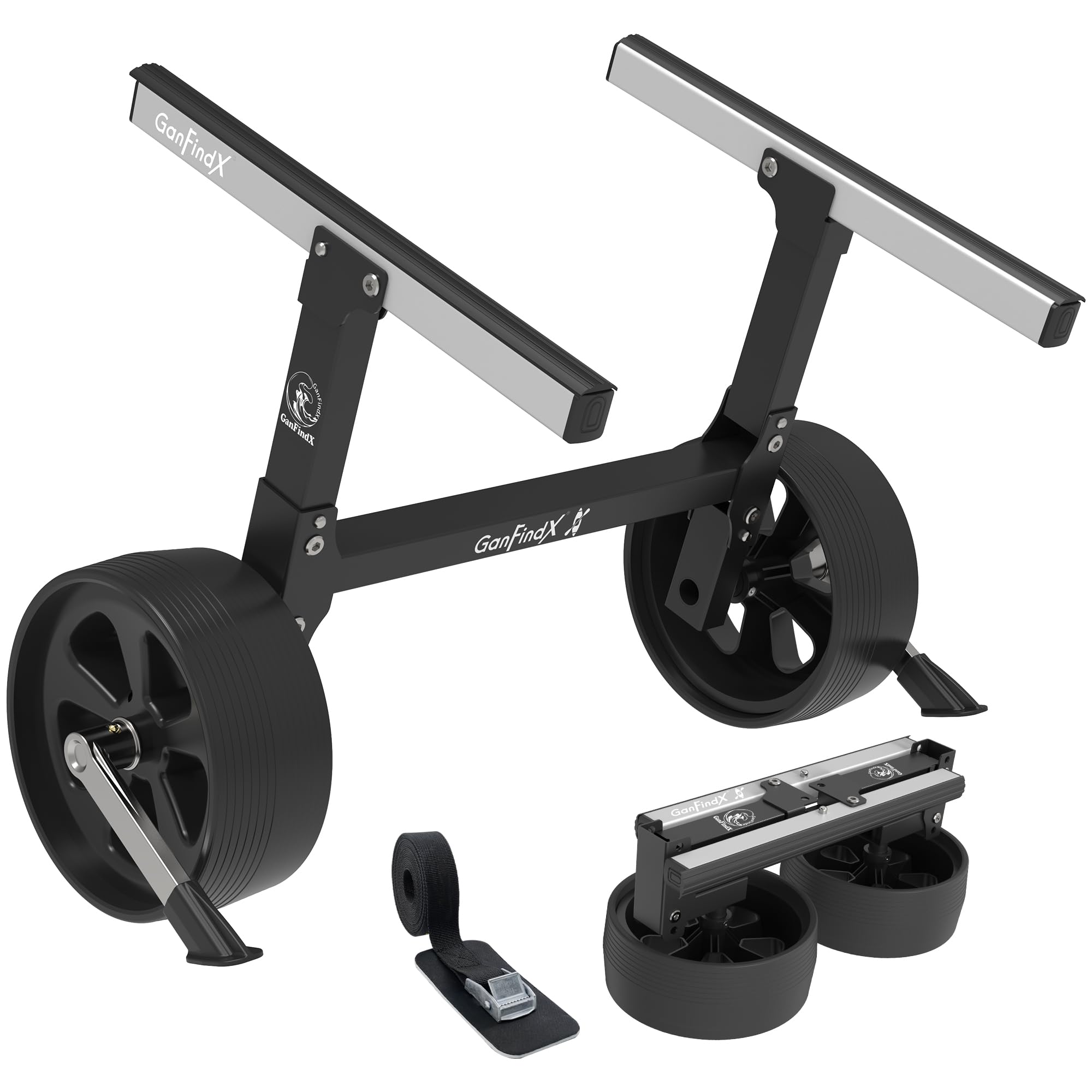 Heavy-Duty Folding Kayak Cart Dolly with Puncture-Proof Wheels & Kickstand - 350 lb Capacity Kayak Carrier for Canoes and Paddle Boards (Bright Black) | Portable Watercraft Transport for Beach, Lake & River Adventures