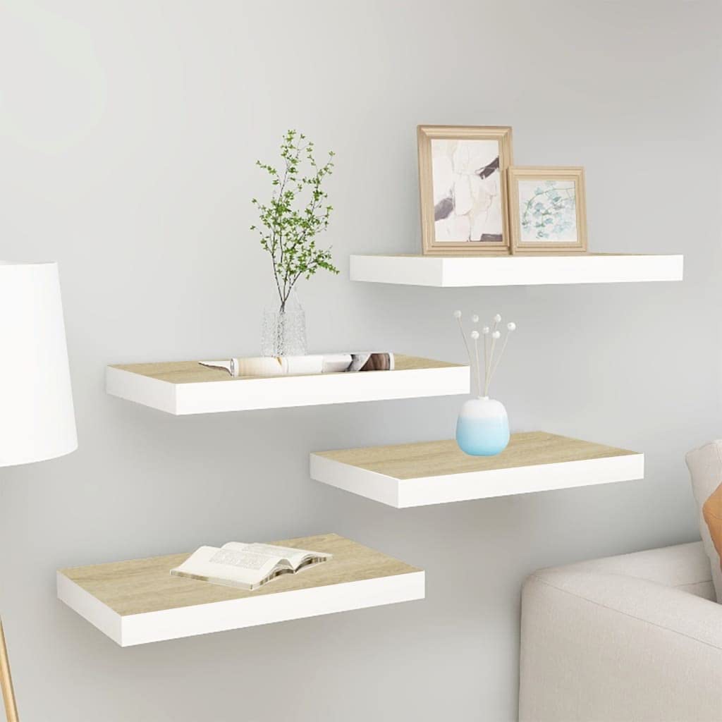 4-Pack Floating Wall Shelves - 19.7x9.1x1.5 Inch Oak & White MDF Wall Mounted Display Shelves for Home Decor - Perfect for Bedroom, Living Room, Bathroom, Kitchen & Office Organization
