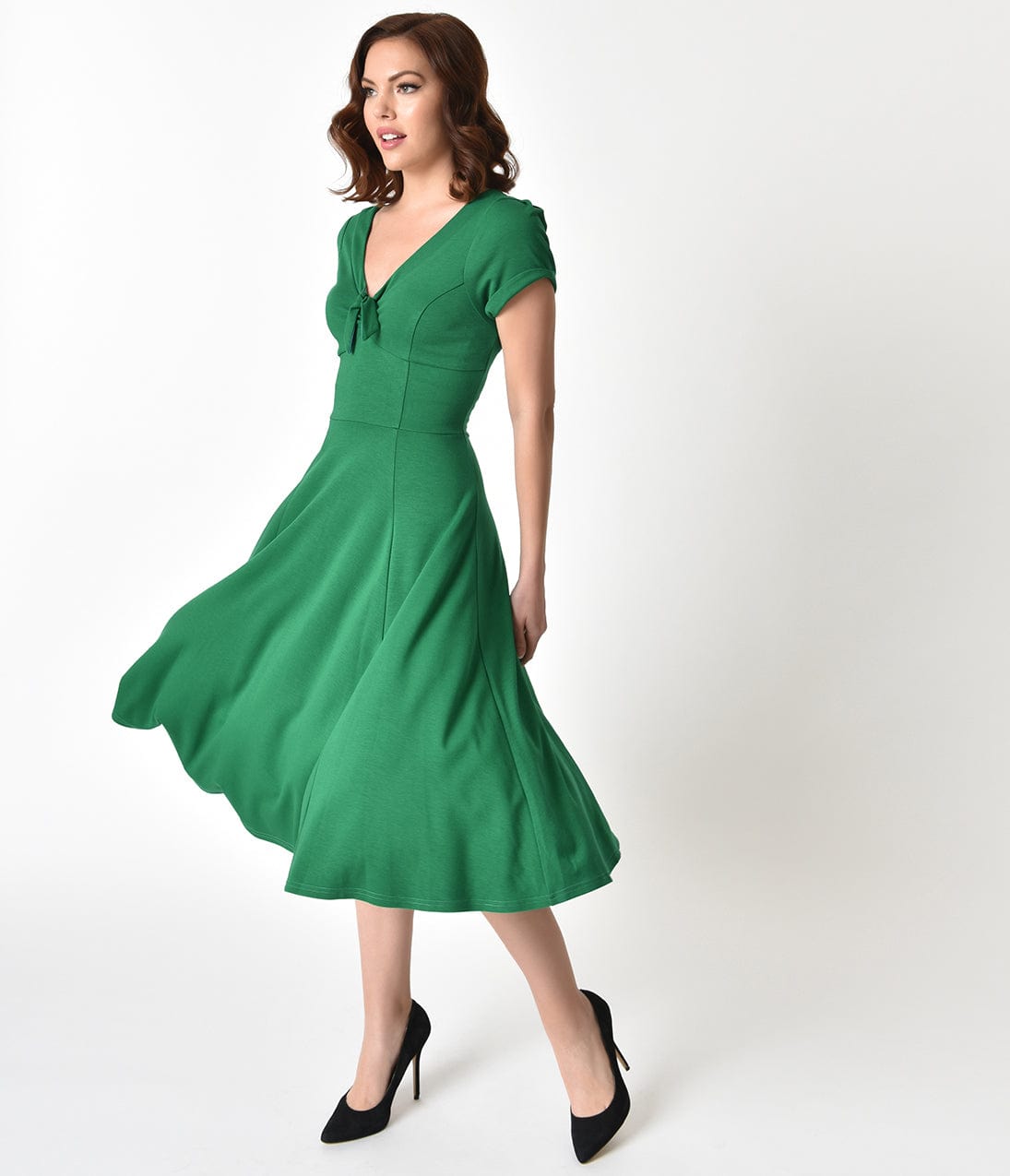 Vintage 1940s Style Green Knit Short Sleeve Swing Dress - Retro Natalie Dress for Women | Perfect for Cocktail Parties, Date Nights & Vintage Theme Events