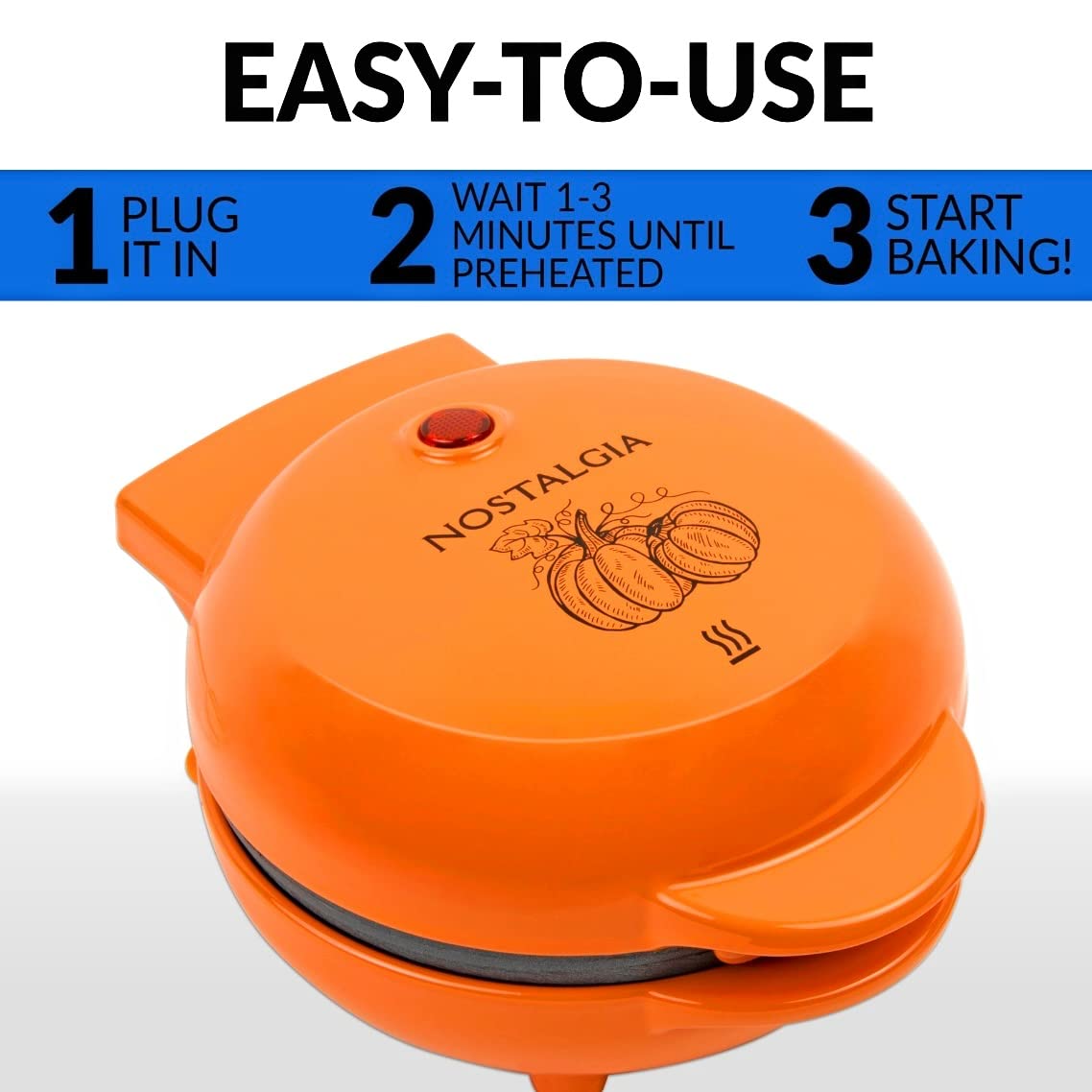 Nostalgia MyMini Personal Electric Pumpkin Waffle Maker - Orange | Compact Waffle Iron for Halloween, Fall Breakfast, Kids Snacks & Holiday Desserts