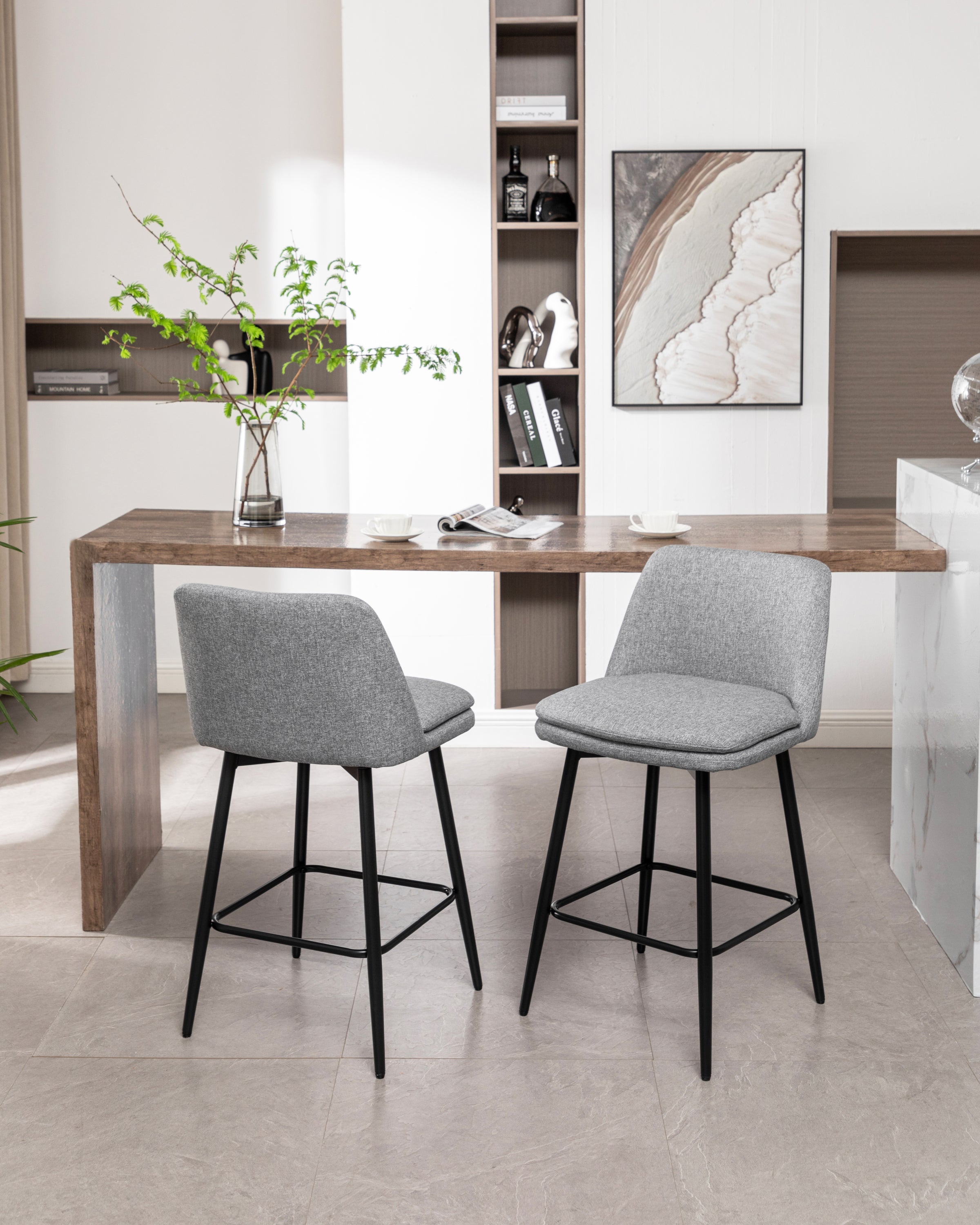 360° Swivel Counter Height Bar Stools Set of 2 - Upholstered with Back Support & Sturdy Metal Legs, 25.6