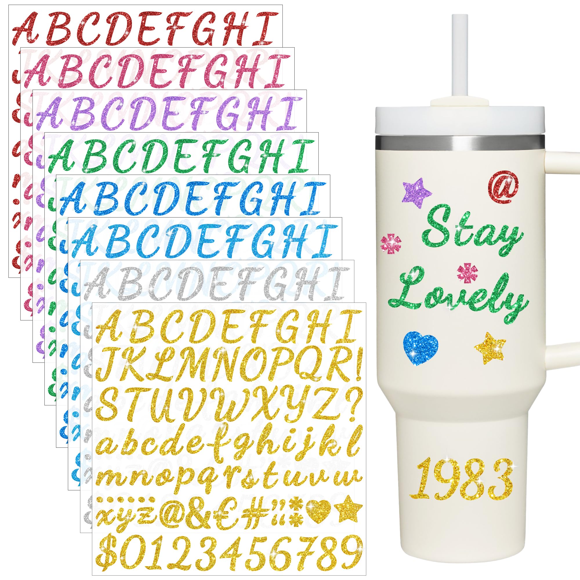 8 Sheets Glitter Letter Stickers for Stanley Cup - Waterproof Vinyl Alphabet Name Stickers for Water Bottles & Tumblers - Personalized Number Tags, Colorful Logo Decals - Perfect for DIY Cup Customization, Party Favors & Gift Decorations