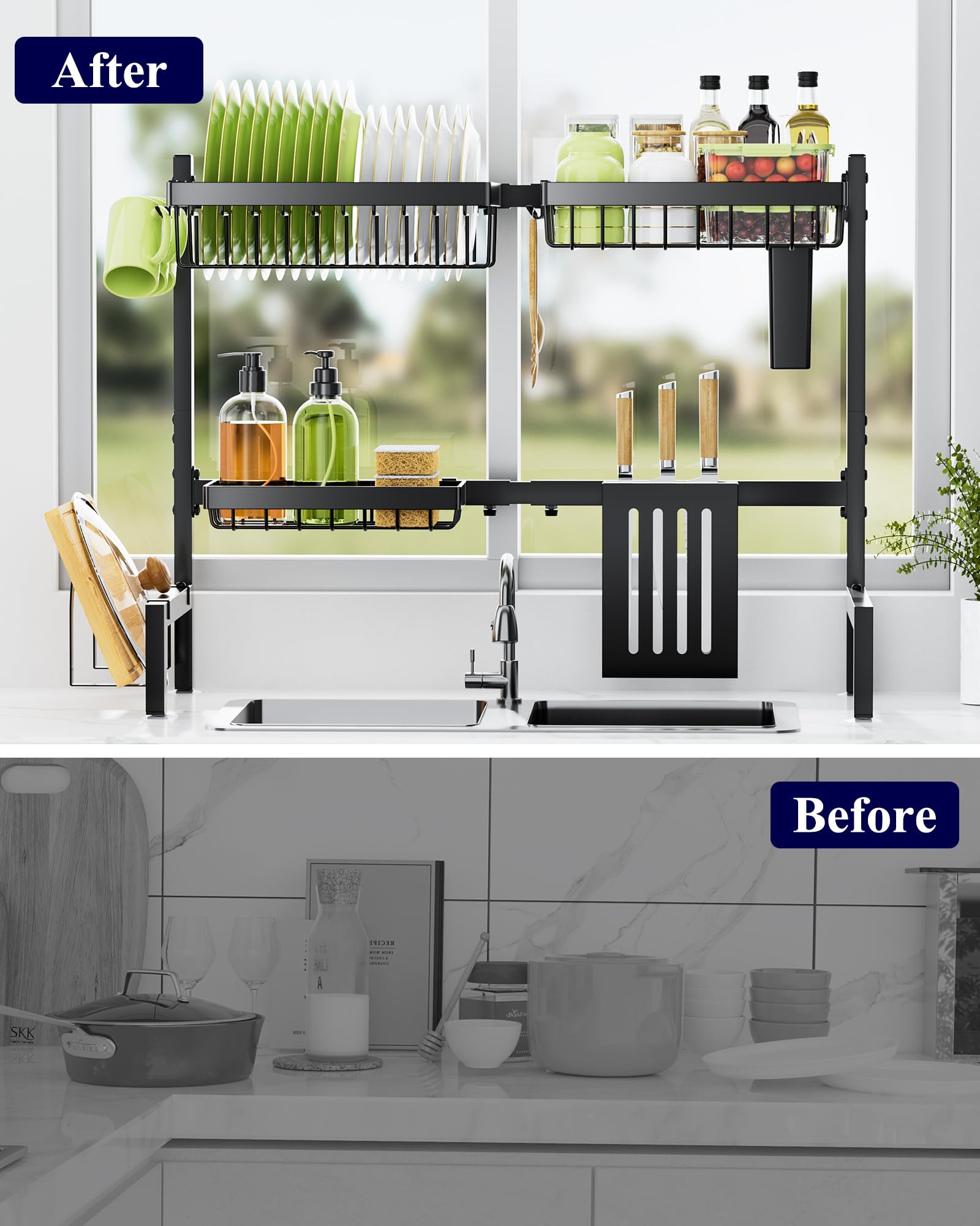 Kitsure Adjustable Over The Sink Dish Drying Rack - 30 to 33.9 Inches, 2-Tier Kitchen Sink Organizer with Large Capacity & Multifunctional Baskets, Perfect for Small Spaces & Dish Drying - Black