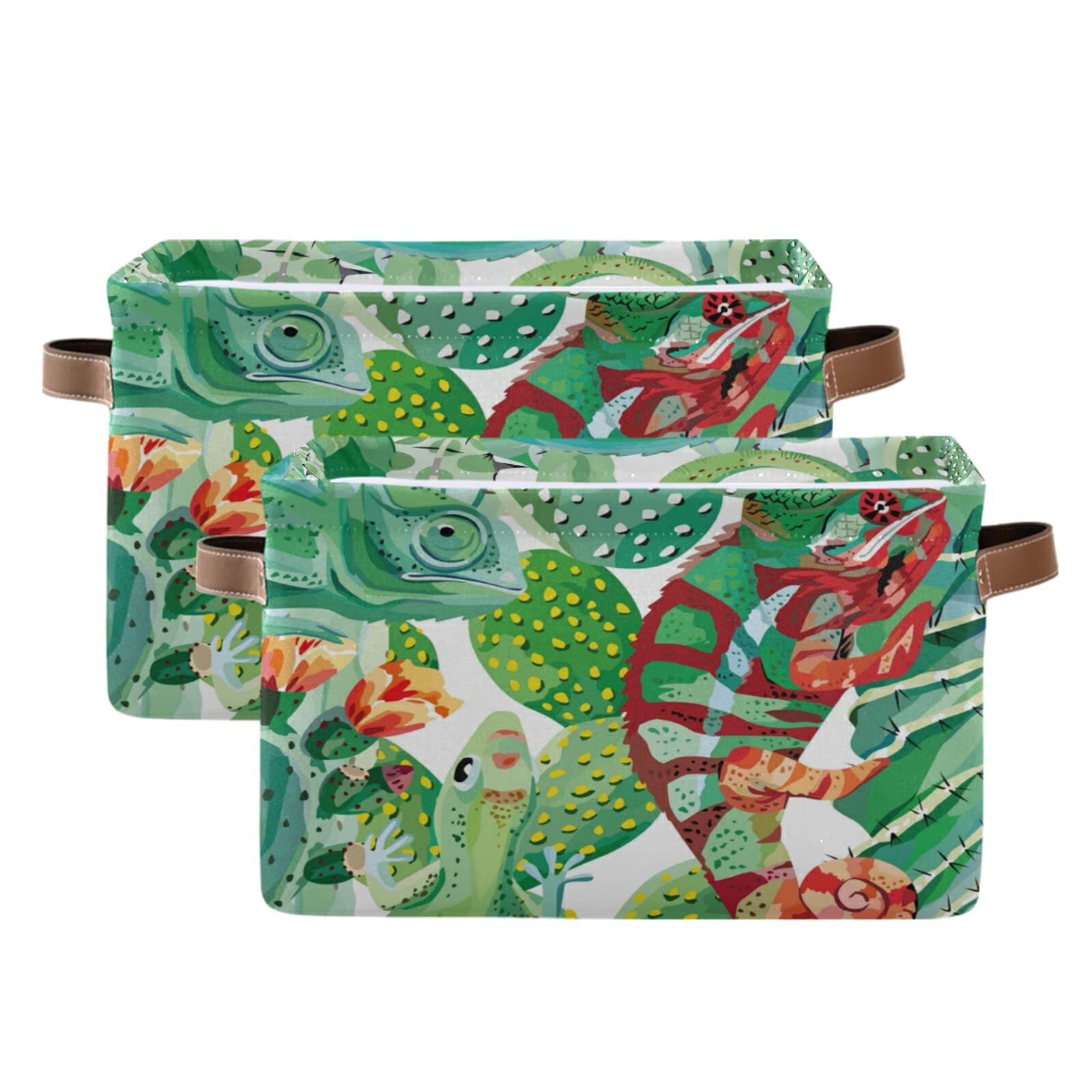 Collapsible Animal Chameleon & Tropical Cactus Storage Bins with Handles - 2 Pack Large Canvas Storage Baskets for Toys, Home Organization, Office, Bedroom & Closet Shelves | Space-Saving Storage Solution