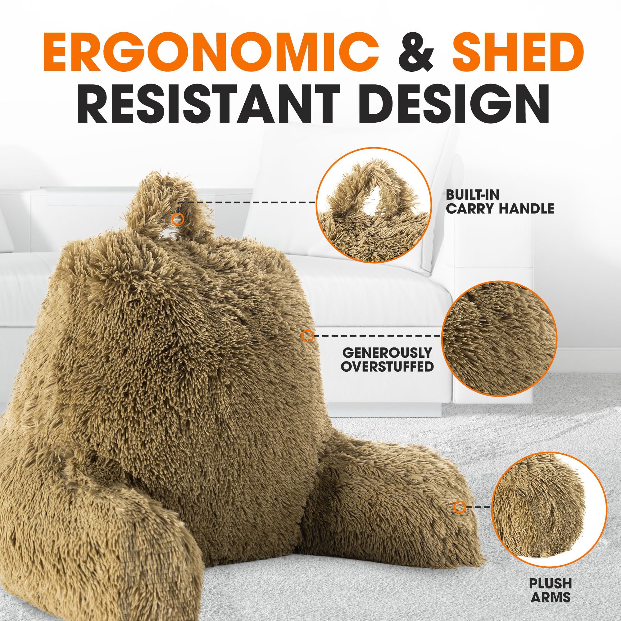 Fluffy Shaggy Hair Reading Pillow Chair with Arms - Soft Comfort for Bed & Couch - Gold Cheer Collection | Perfect for Reading, Relaxing & Lounging at Home