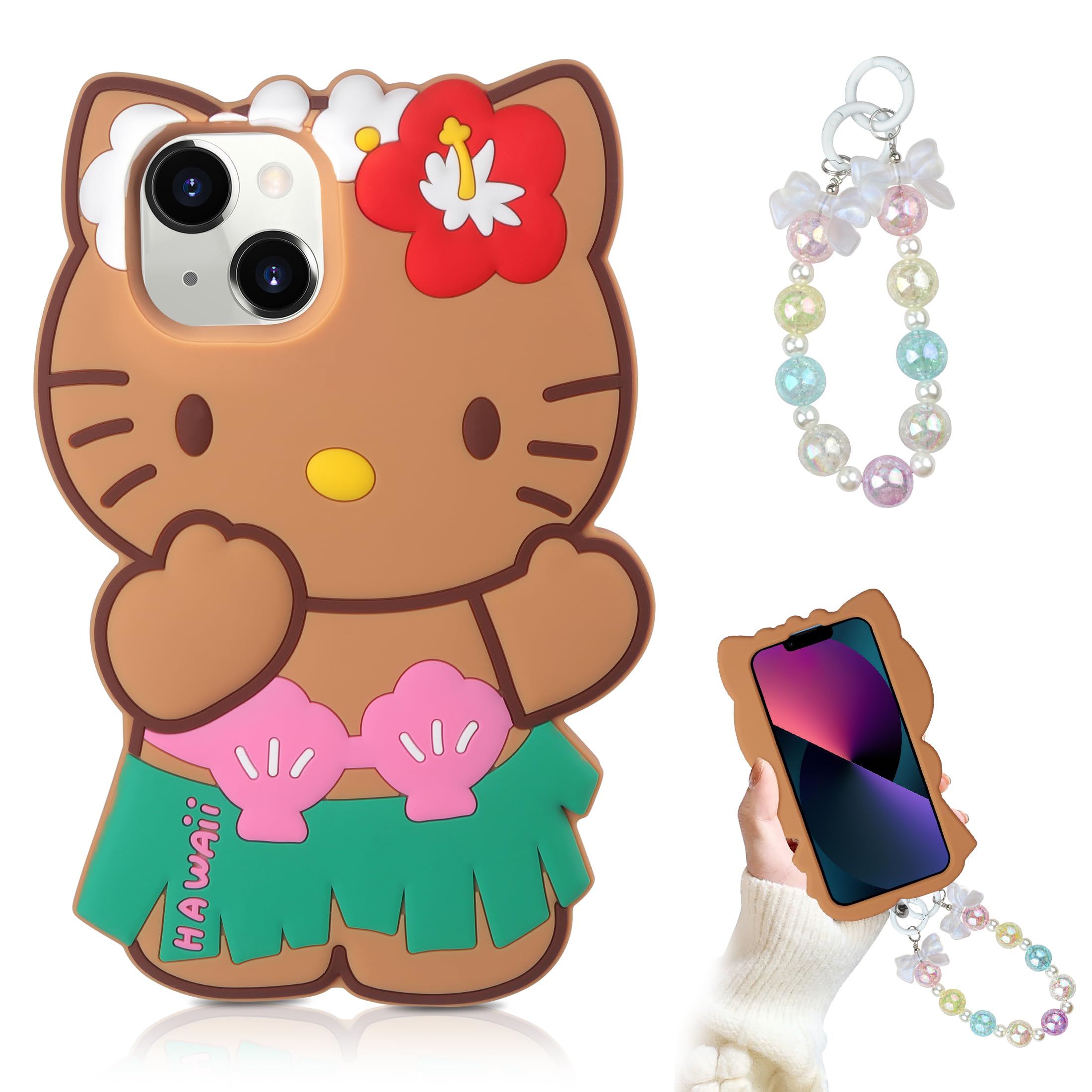 WOLLONY 3D Cartoon Cat iPhone 13 Case with Bracelet Chain - Cute Kawaii Animal Soft Silicone Cover for Women & Girls (Pink/Brown) | Protective, Fun & Unique Design for School, Work & Daily Use
