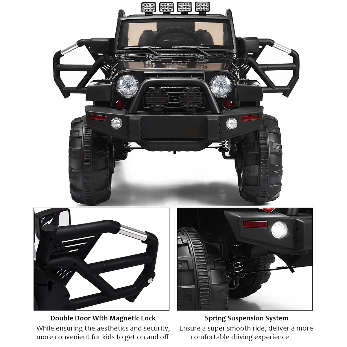 Costzon 12V Battery Powered Electric Ride On Truck for Kids - Parental Remote Control, LED Lights, Double Doors, Safety Belt, Music & MP3 - Spring Suspension (Deluxe Black) - Perfect for Outdoor Play & Birthday Gifts