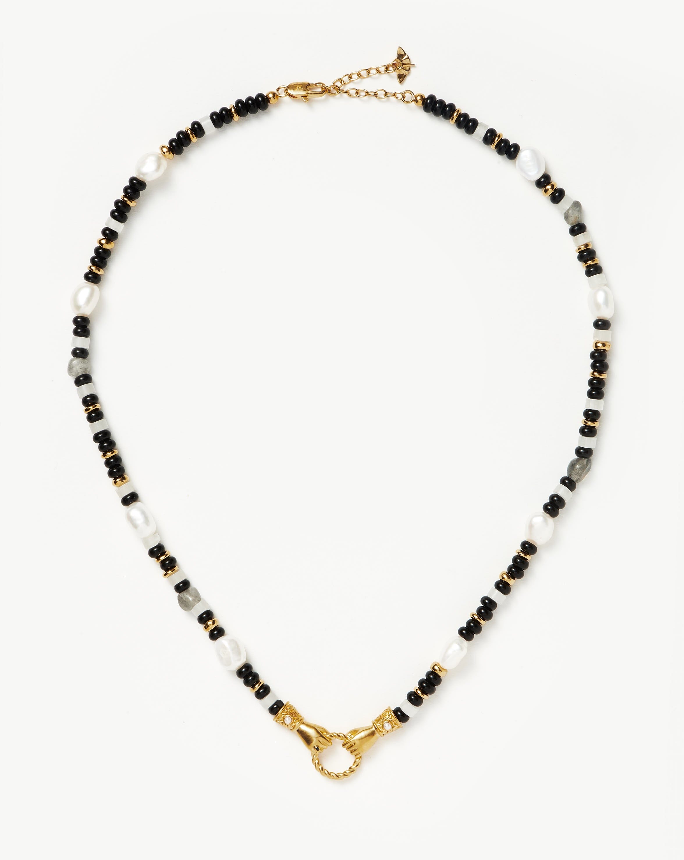 Harris Reed In Good Hands Beaded Gemstone Necklace - 18k Gold Plated Black Chalcedony & Pearl Jewelry for Women | Elegant Layering Necklace for Date Night, Wedding & Special Occasions