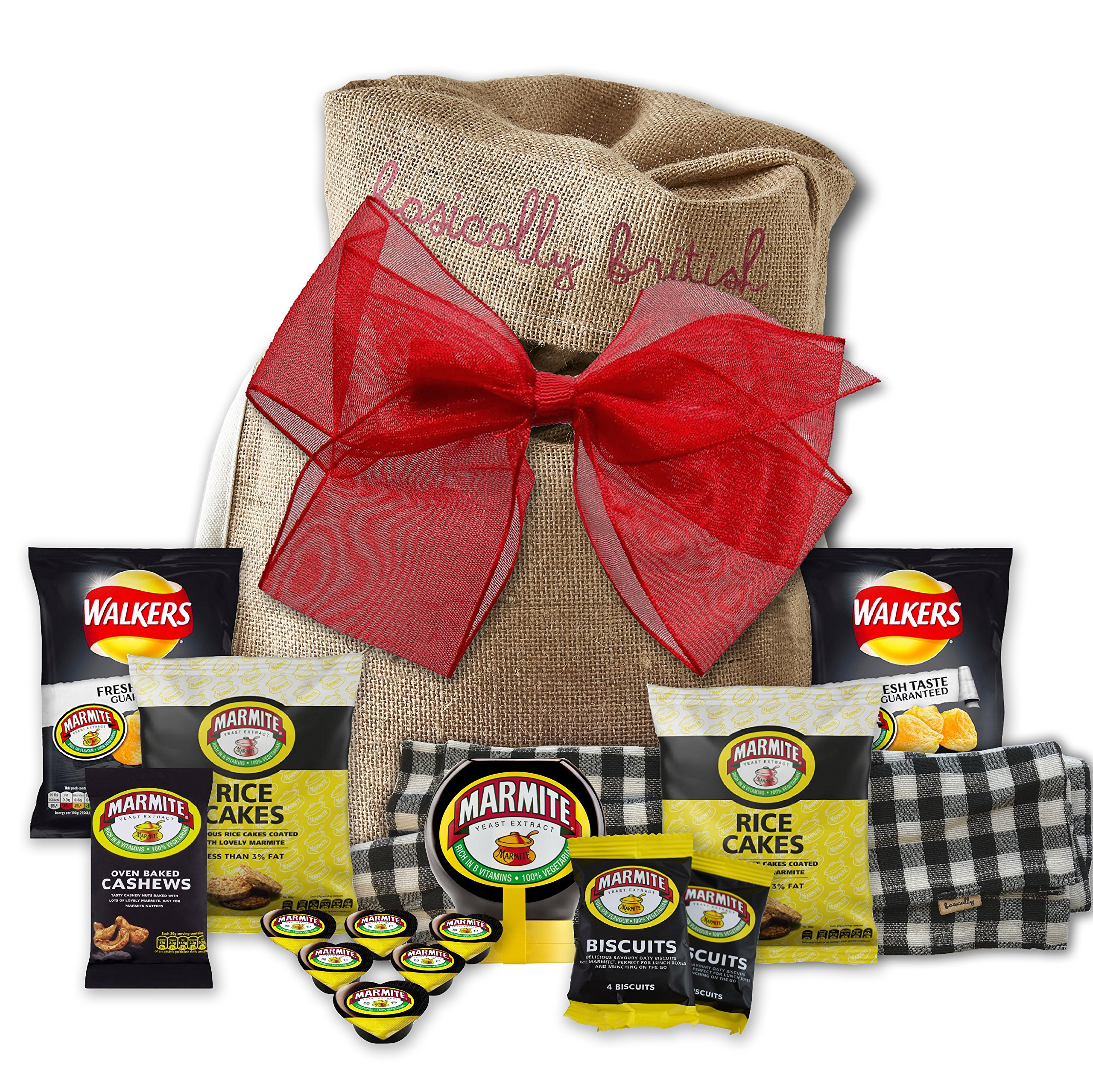 British Marmite Gift Set by The Yummy Palette | Premium Marmite Snack Collection with Squeezy Marmite, Walkers Crisps, Cashews & Rice Cakes in Rustic Gift Bag + Traditional Tea Towel | Perfect British Food Gift for Holidays, Birthdays & Expat Care Packages