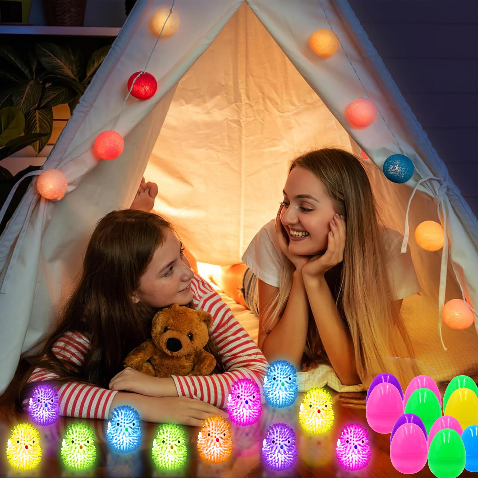 12 Pack LED Puffer Ball Easter Eggs - Light Up Stress Relief Toys for Kids, Easter Egg Hunt Fillers, Easter Basket Stuffers & Party Favors - Fun for Easter Celebrations, Birthday Parties & Classroom Activities