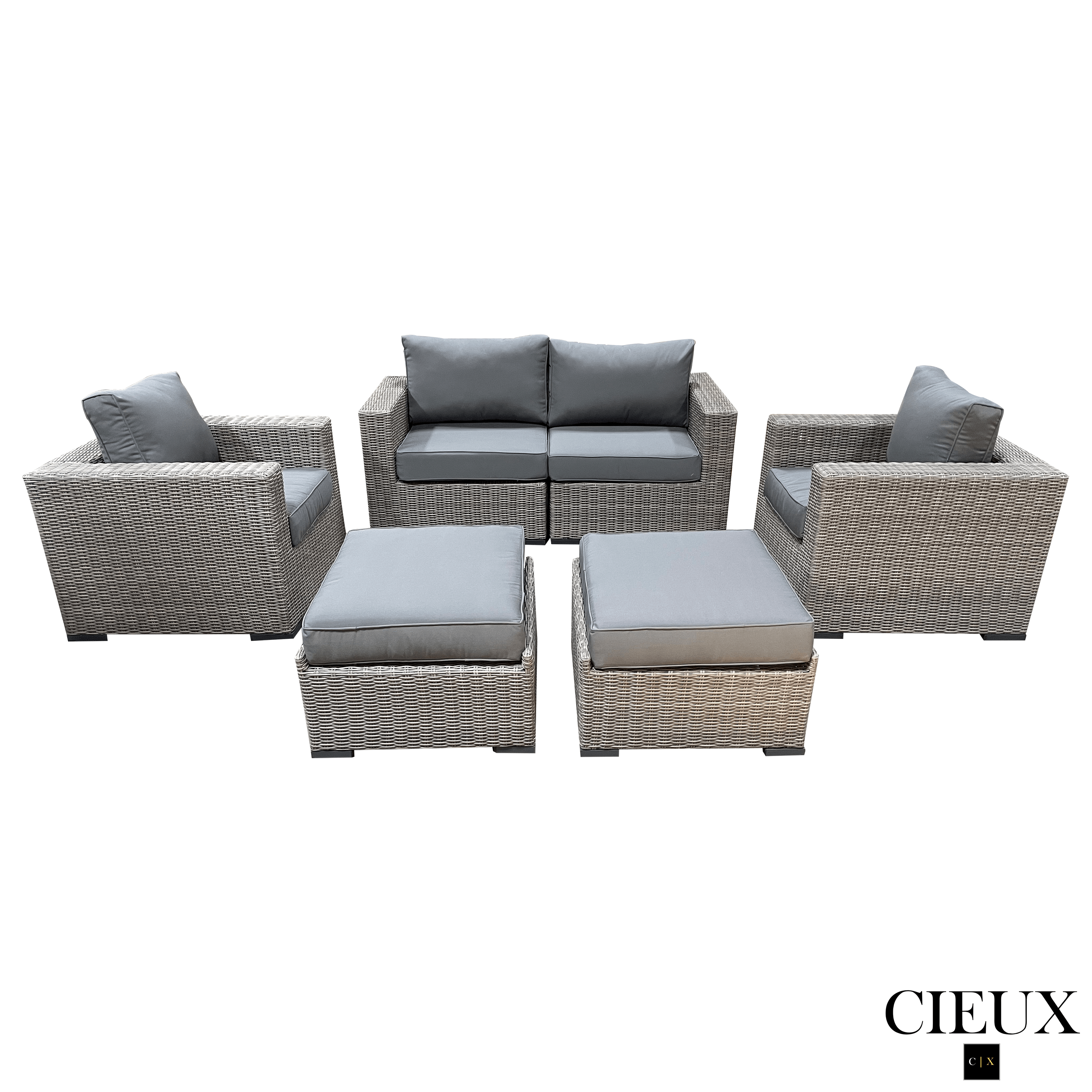 Riviera Outdoor Patio Wicker Loveseat Set - 2 Club Chairs & 2 Ottomans with Sunbrella Cushions in Grey & Charcoal | Perfect for Backyard, Garden, Poolside & Deck Relaxation