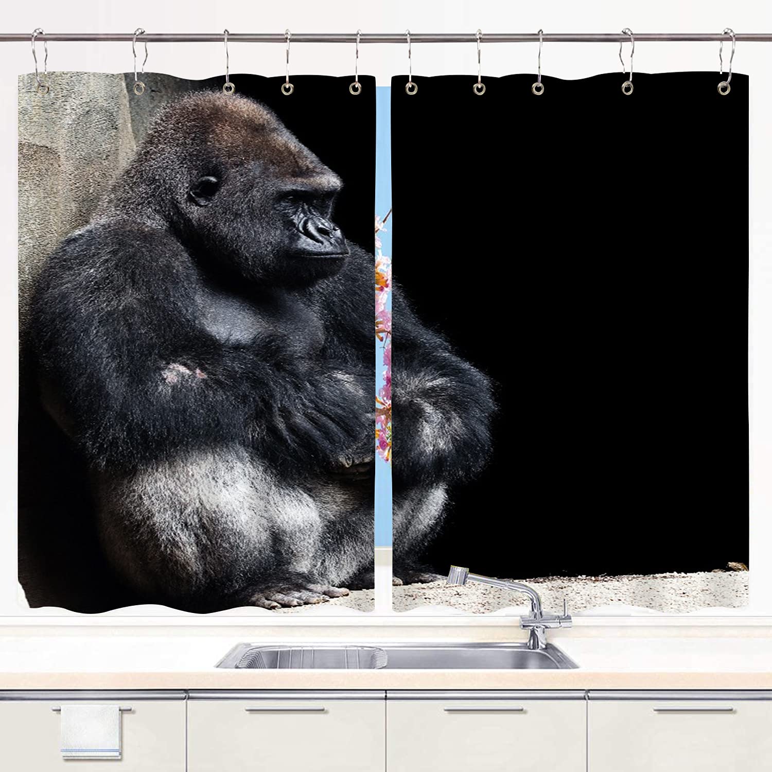 Silver Gorilla Animal Print Kitchen Curtains - 2 Panel Set (55
