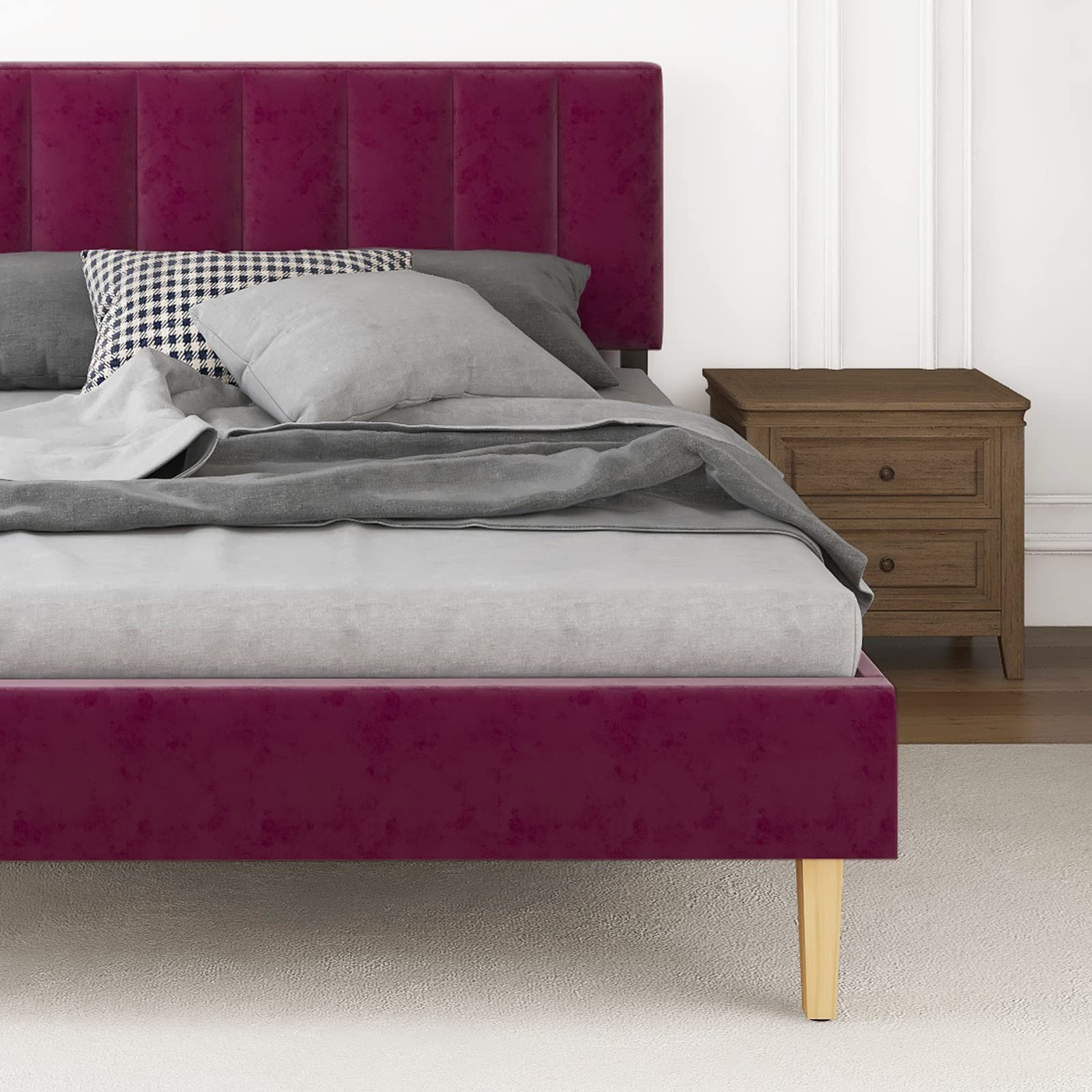 Chenoa Upholstered Queen Bed Frame with Adjustable Headboard - Velvet Platform Bed with Vertical Channel Tufted Headboard & Wooden Slats Support - No Box Spring Needed - Easy Assembly - Perfect for Master Bedroom, Guest Room & Apartment Decor