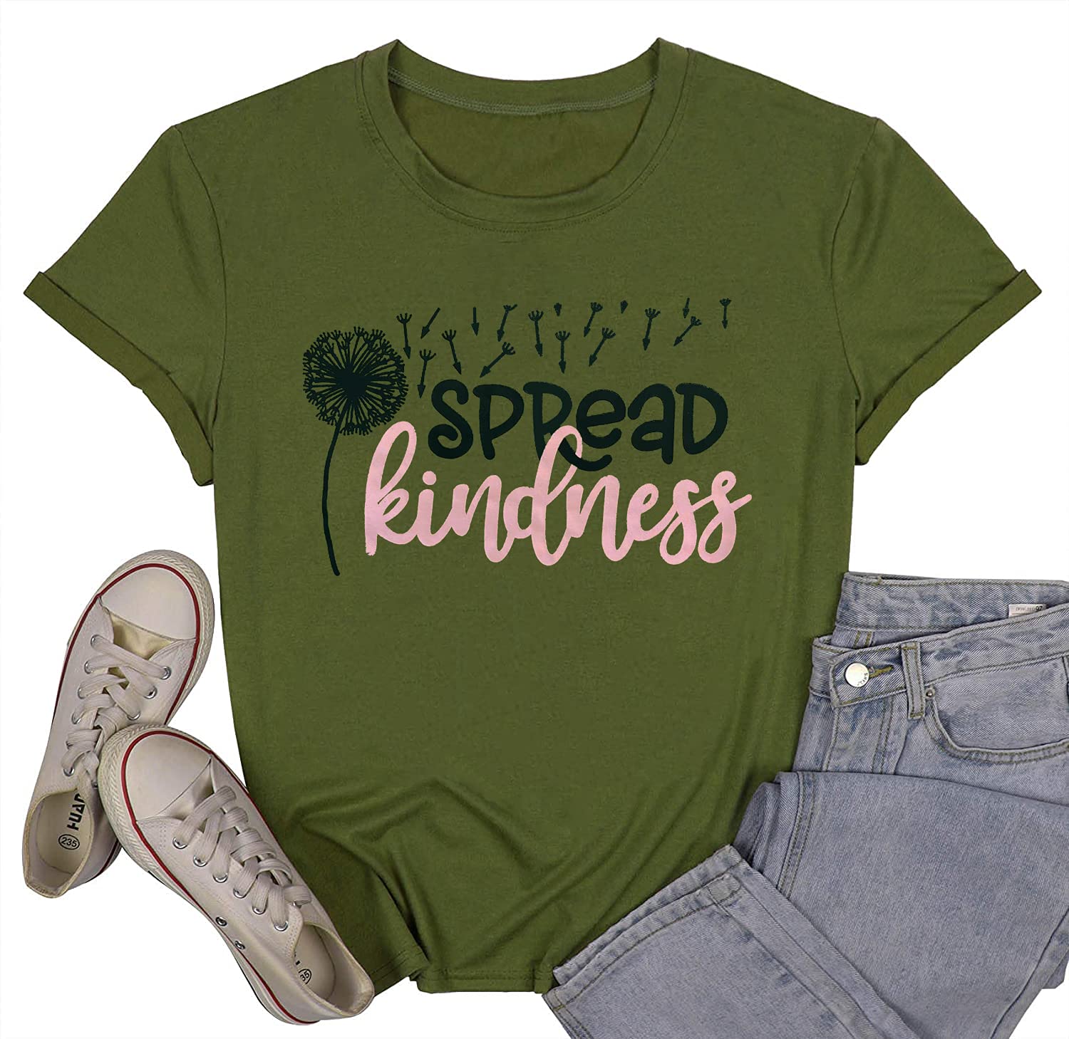 Spread Kindness Women's T-Shirt - Dandelion Graphic Tee with Inspirational Letter Print | Casual Funny Saying Top for Summer | Perfect for Outings, Gifts & Everyday Wear