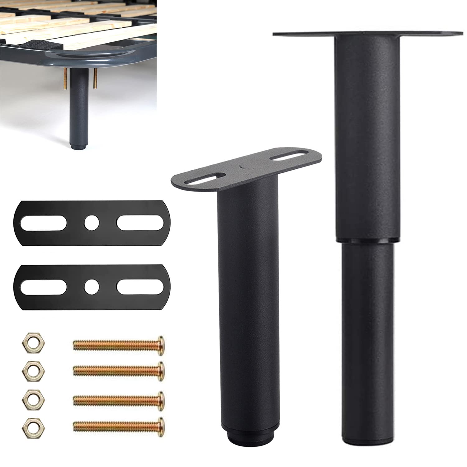 Universal Adjustable Bed Legs 2 Pack (18-34cm) - Heavy Duty Metal Furniture Feet for Beds, Sofas, TV Stands & Cabinets - Black Bed Frame Support Legs for Home & Office Use