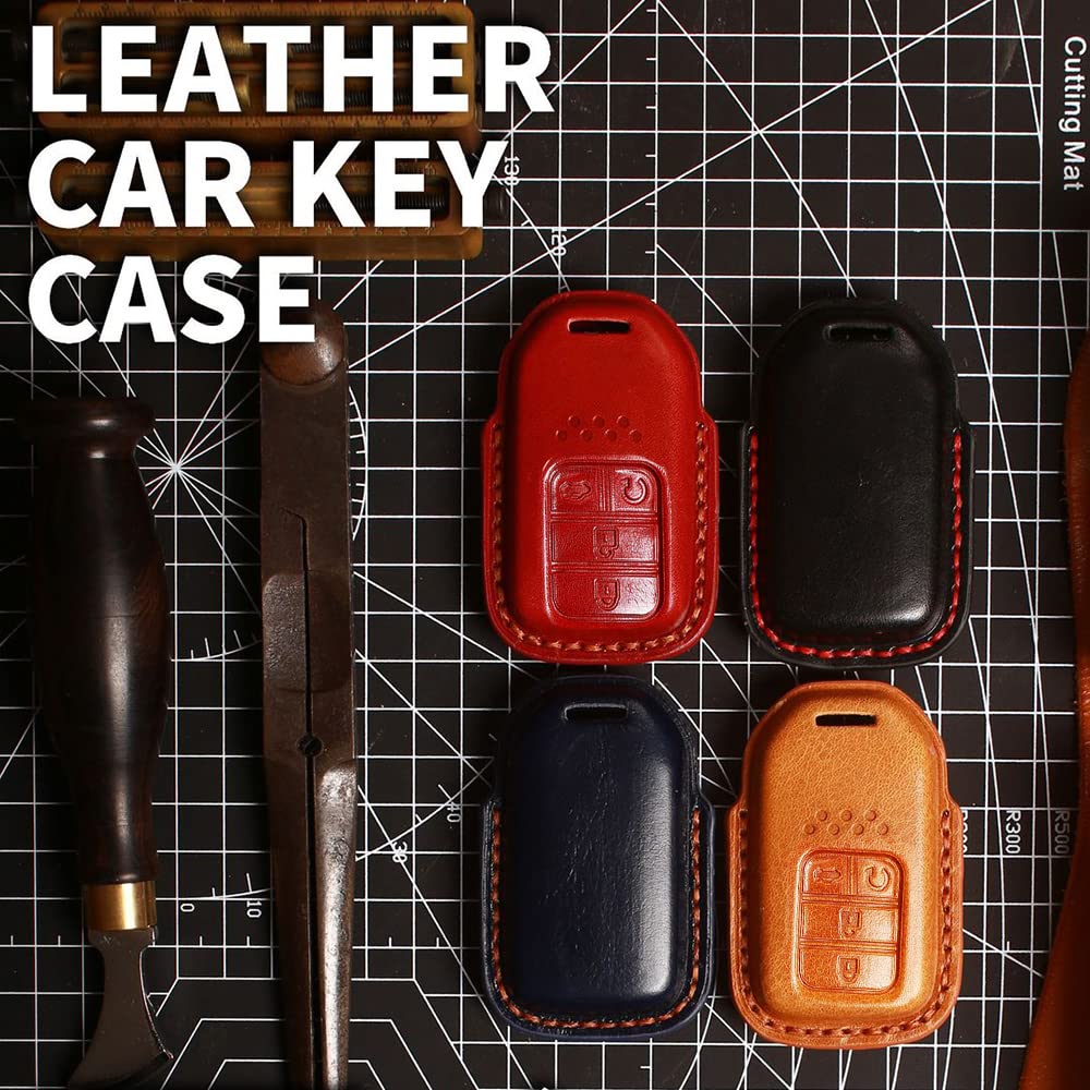 HIBEYO Genuine Leather Key Case Cover for Honda Accord Civic CRV Pilot CR-Z - Smart Car Key Protector with Keychains (Red) - Perfect for Daily Use, Travel & Key Protection