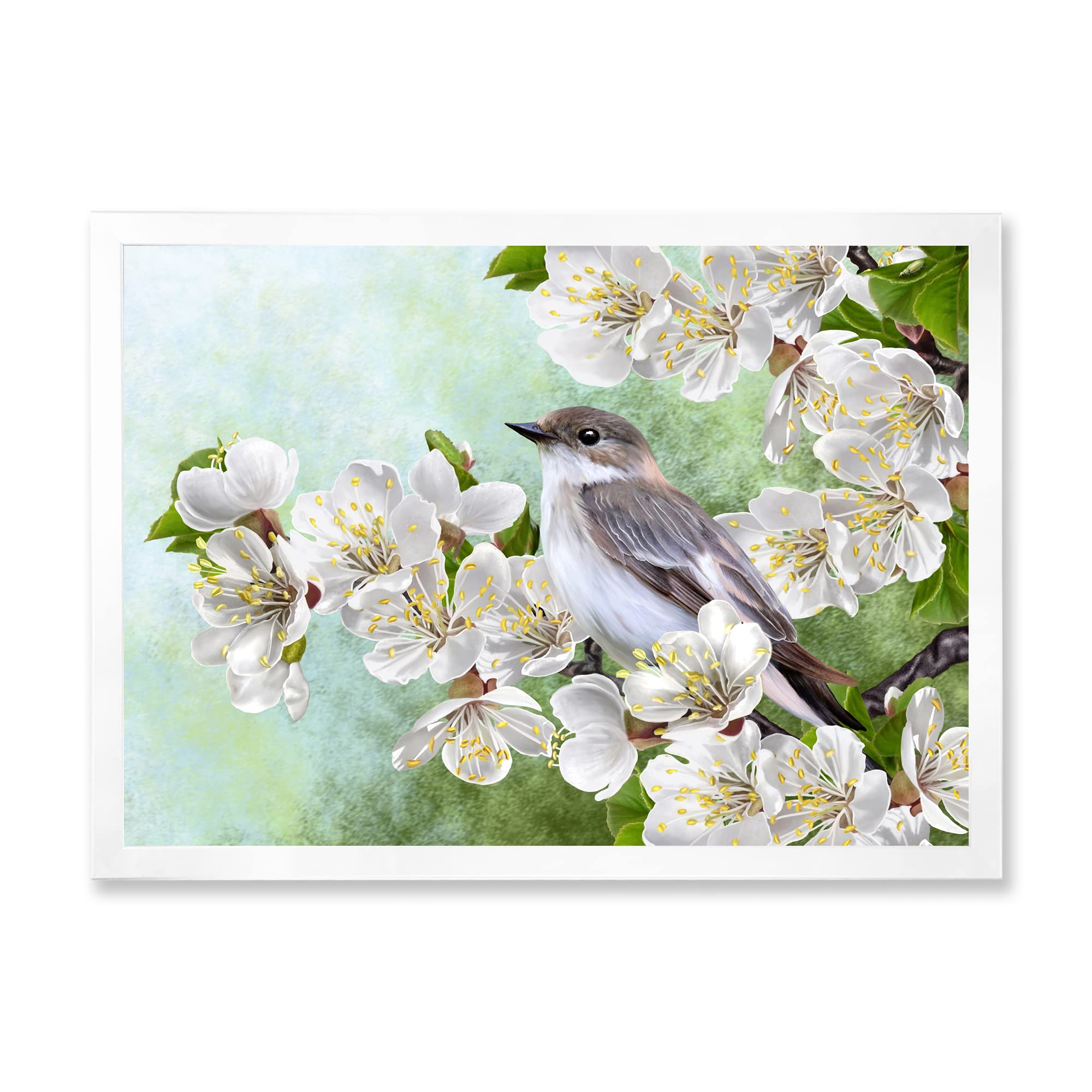 Gray Bird on Blossoming Tree Branch - Traditional Framed Wall Art Decor for Living Room, Bedroom & Office
