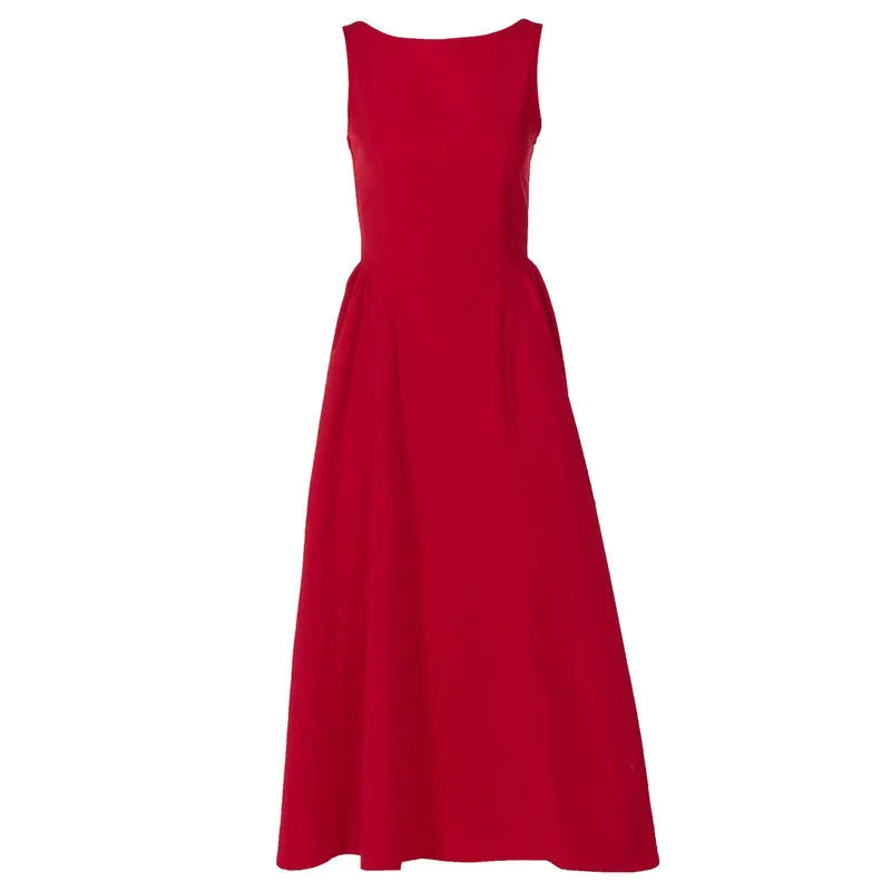 Elegant Backless A-Line Maxi Dress for Women - Solid Color O-Neck Sleeveless Long Gown with High Waist - Perfect for Beach Vacations, Summer Parties & Date Nights