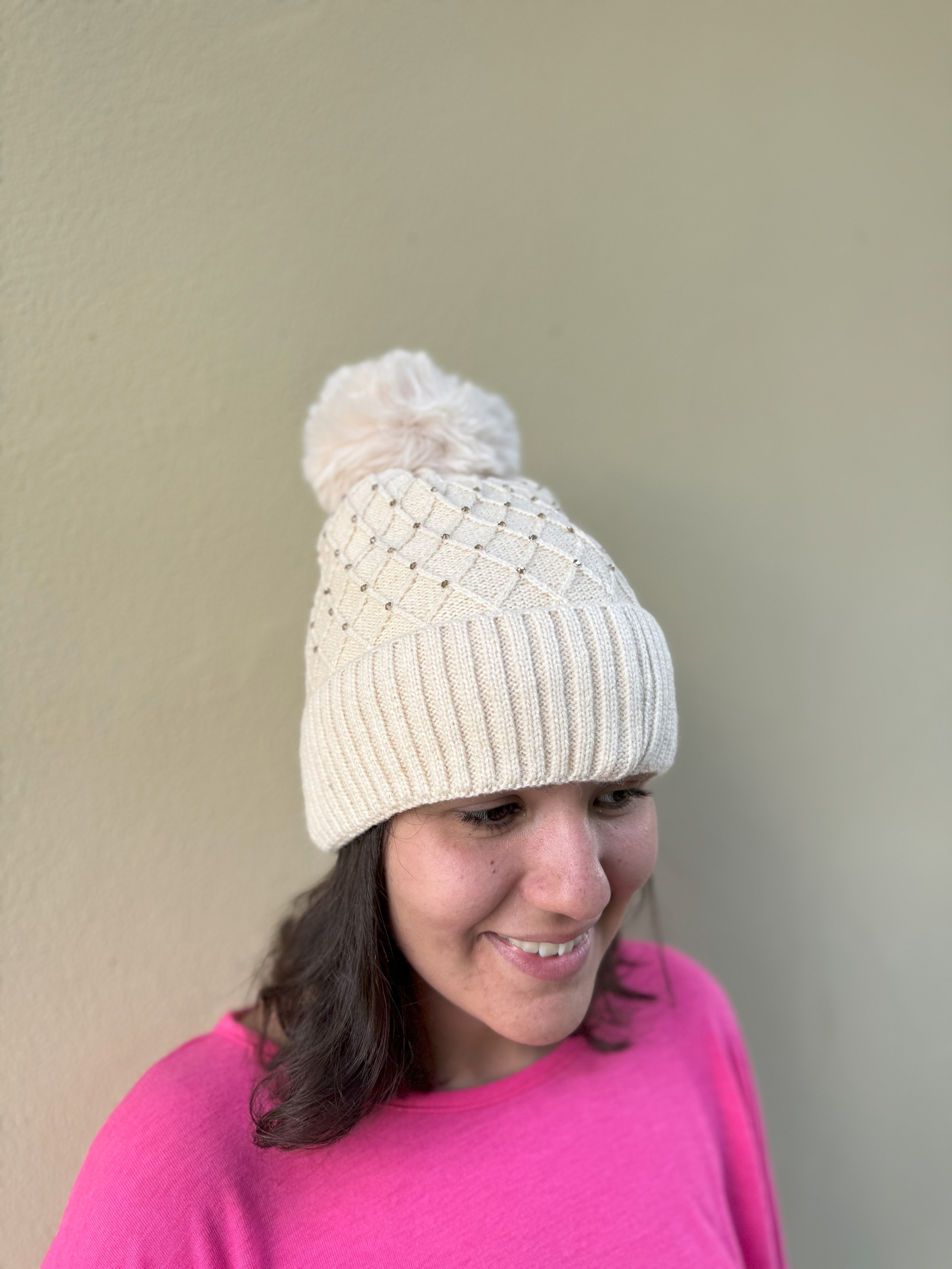 Beige Crystal Beanie - Elegant Winter Knit Hat with Rhinestones for Women - Perfect for Cold Weather, Outdoor Activities, and Fashion Accessories
