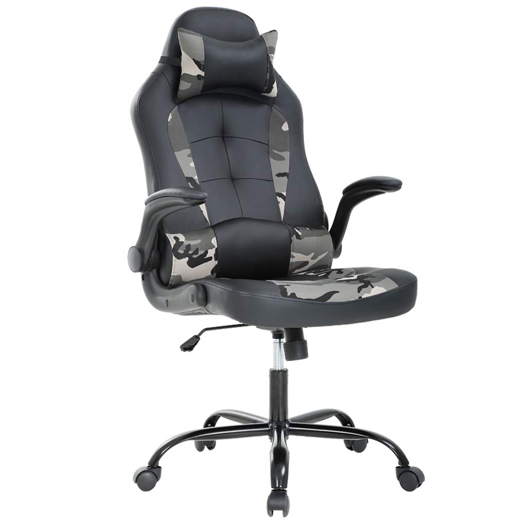 Ergonomic Gaming Chair - PU Leather Racing Style PC & Office Desk Chair with Lumbar Support, Flip-Up Arms & Headrest - Swivel Rolling Computer Chair for Adults (Camo Design) - Perfect for Gaming, Working & Home Office