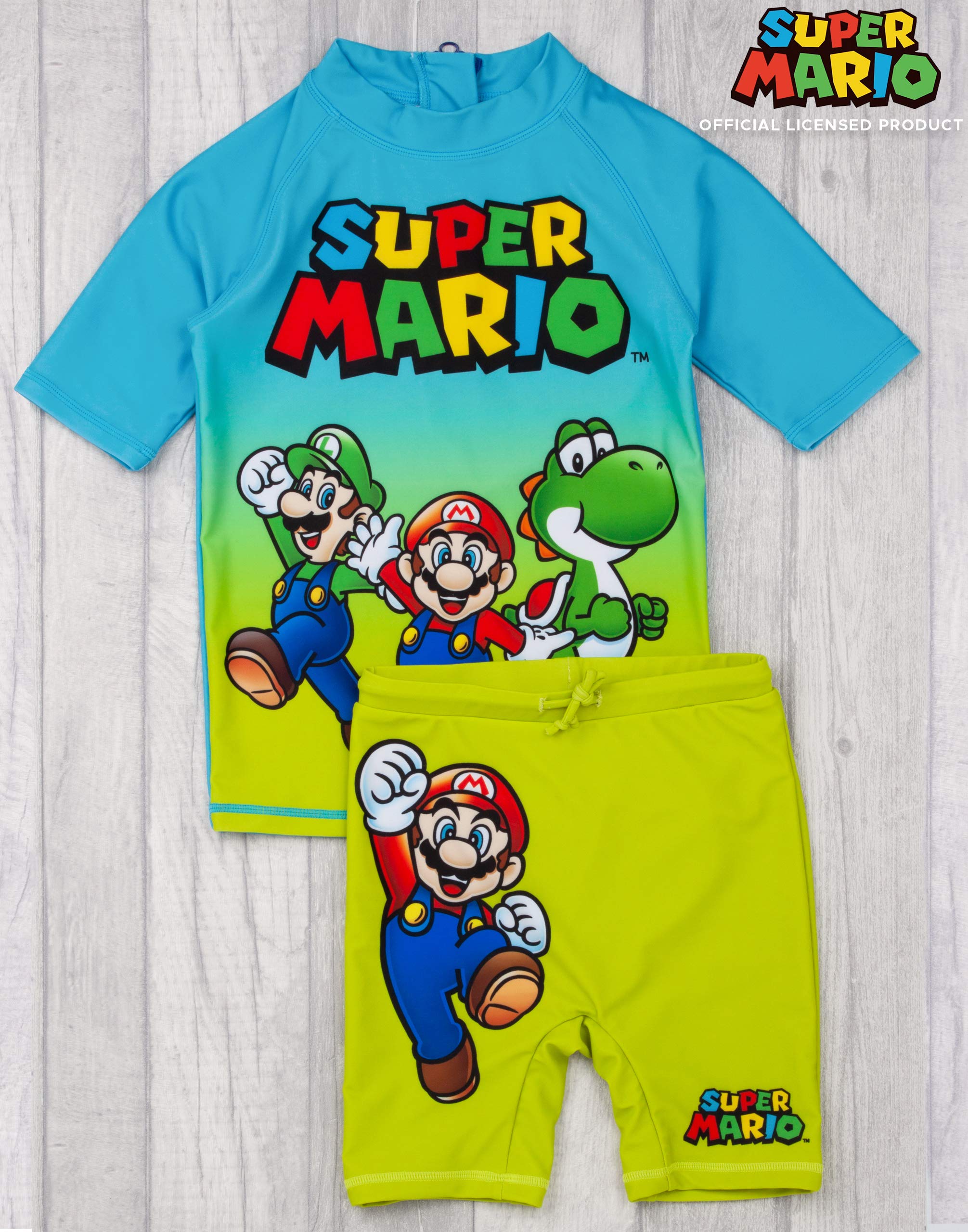 Super Mario Boys UV50+ Sun Protection Swimwear Set - 2 Piece Top & Shorts for Beach, Pool, and Summer Water Activities