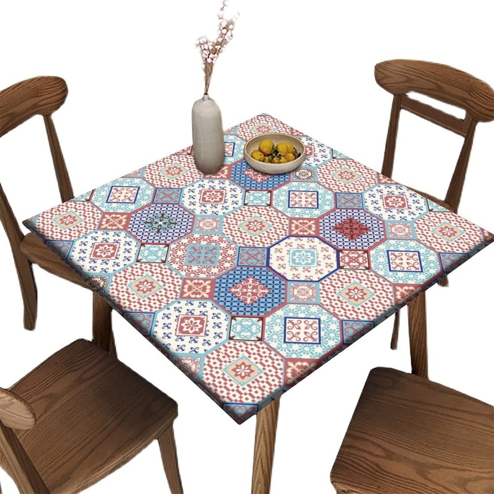 Boho Floral Square Stretchable Elastic Edge Table Cover - Moroccan Tile Patchwork Pattern Polyester Waterproof Wipeable Tablecloth for Kitchen & Dining Table Decor (Fits 44x44 Inch) - Perfect for Parties, Picnics & Home Decoration