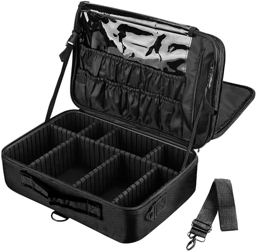 Professional 3-Layer Large Makeup Train Case Organizer with Adjustable Dividers & Strap - Portable Cosmetic Storage Bag for Brushes & Accessories (Black) | Perfect for Travel, Salon Professionals & Makeup Artists