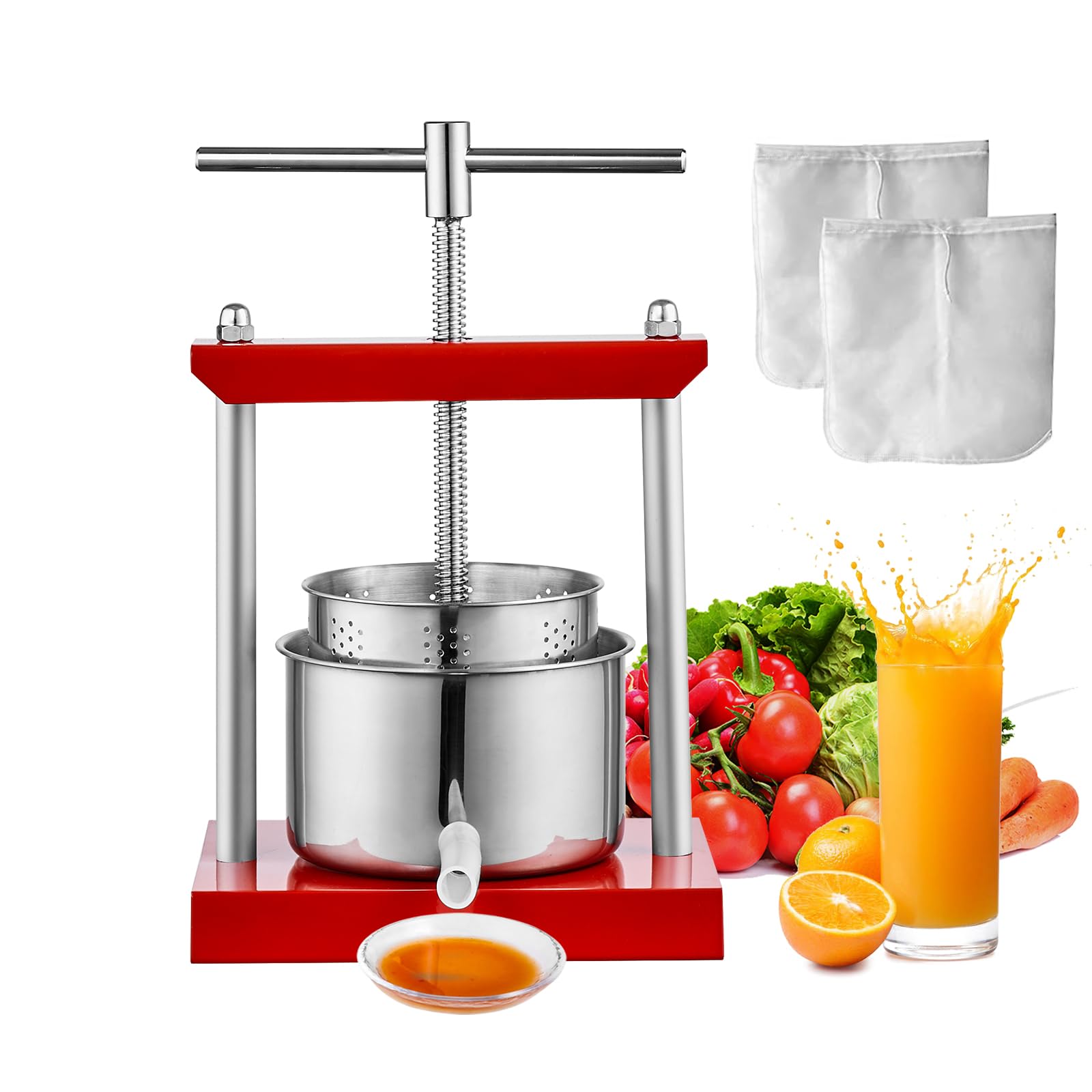 VEVOR 0.53Gal/2L Stainless Steel Fruit Wine Press - Dual Barrel Grape Crusher for Homemade Wine, Cheese, Vegetable & Tincture Making with T-Handle & 3mm Thick Plate - Perfect for Home Brewing, Cider Pressing & DIY Juice Extraction