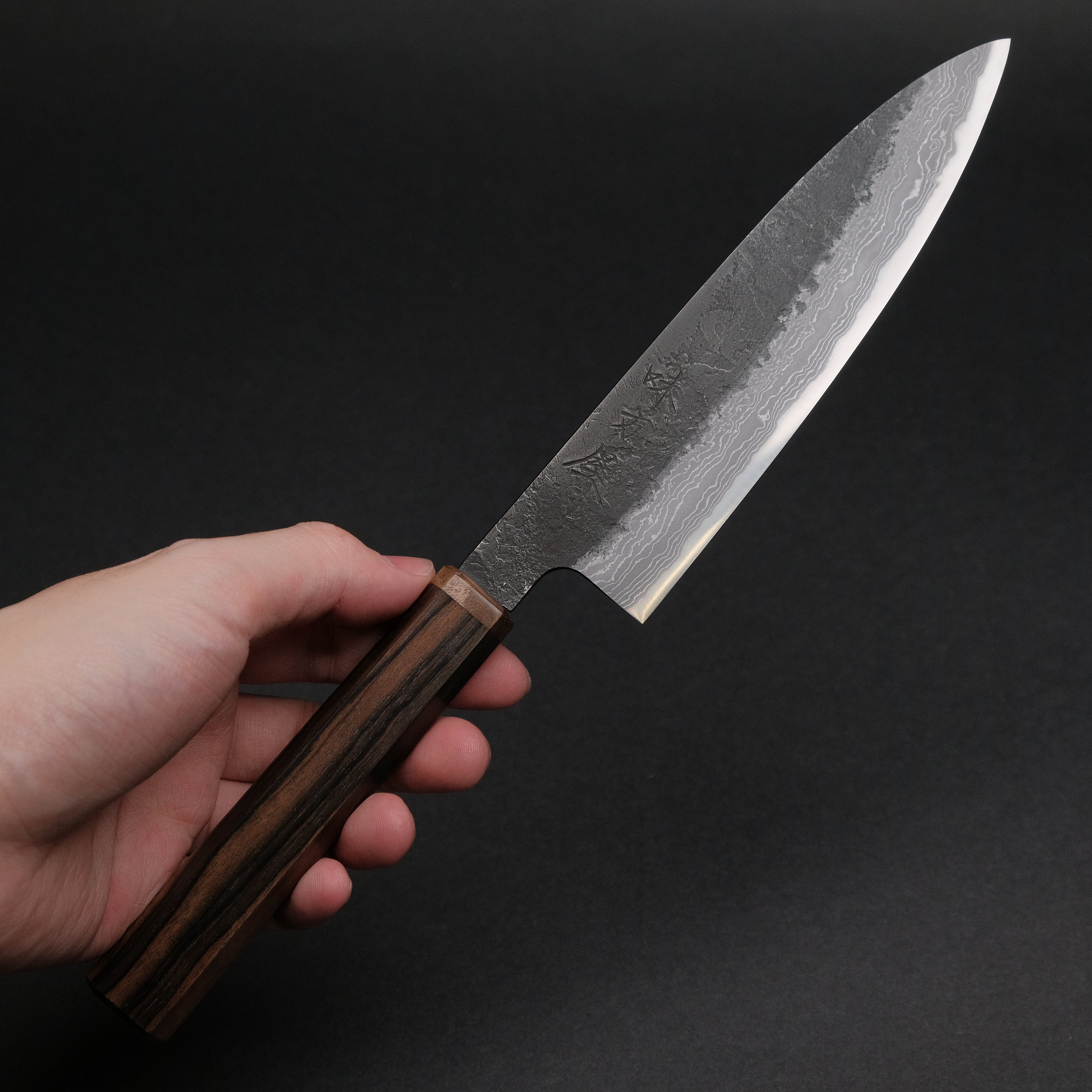 Ajikataya White #2 Nashiji Damascus Petty Knife 150mm - Ebony & Stabilized Wood Handle (#61) - Perfect for Slicing, Peeling & Precision Kitchen Tasks