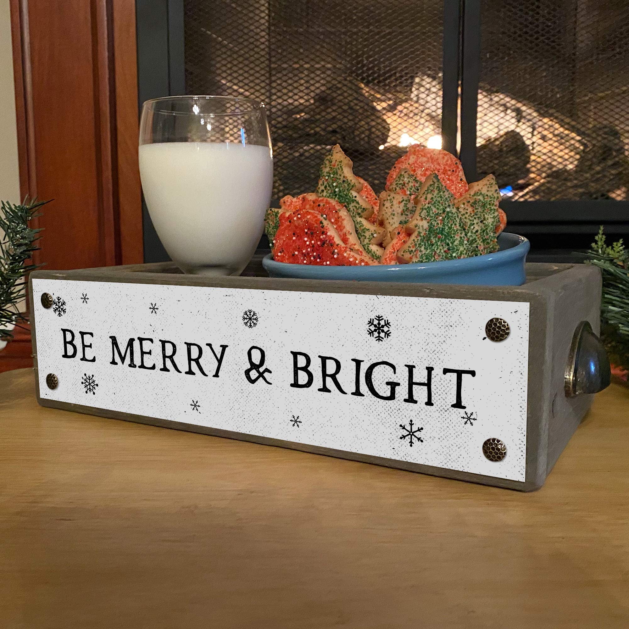 ANVEVO Be Merry And Bright Christmas Wooden Decor Box - Rustic Farmhouse Storage Caddy with Funny Sayings - Holiday Home Décor for Living Room, Mantel & Gift Giving