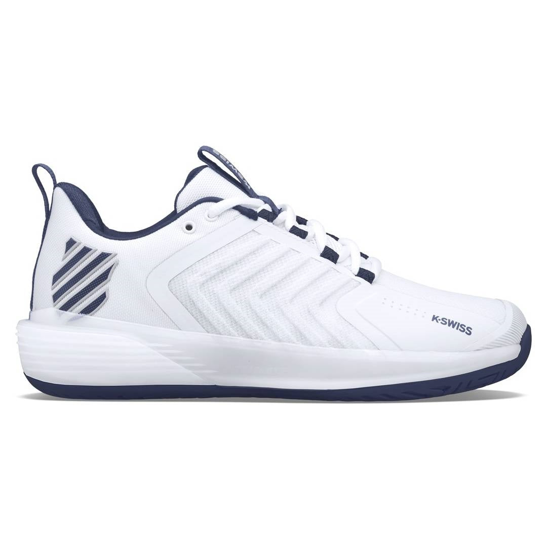 K Swiss Ultrashot 3 Men's Tennis Shoes - White/Peacoat/Silver - Lightweight & Durable Court Shoes for Competitive Play & Training