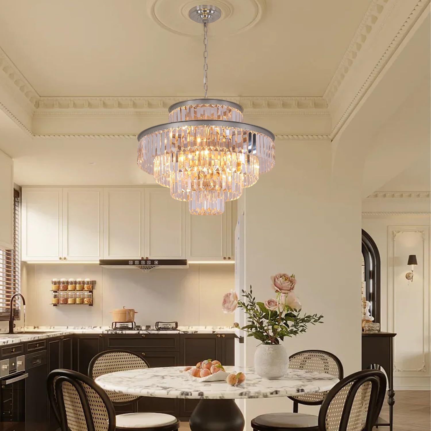 5-Tier 24 Inch Crystal Chandelier Pendant Light - 13-Light High Ceiling Fixture in Nickel Finish - Elegant Lighting for Dining Room, Living Room, Foyer & Hallway - Perfect for Weddings, Parties and Luxury Home Decor