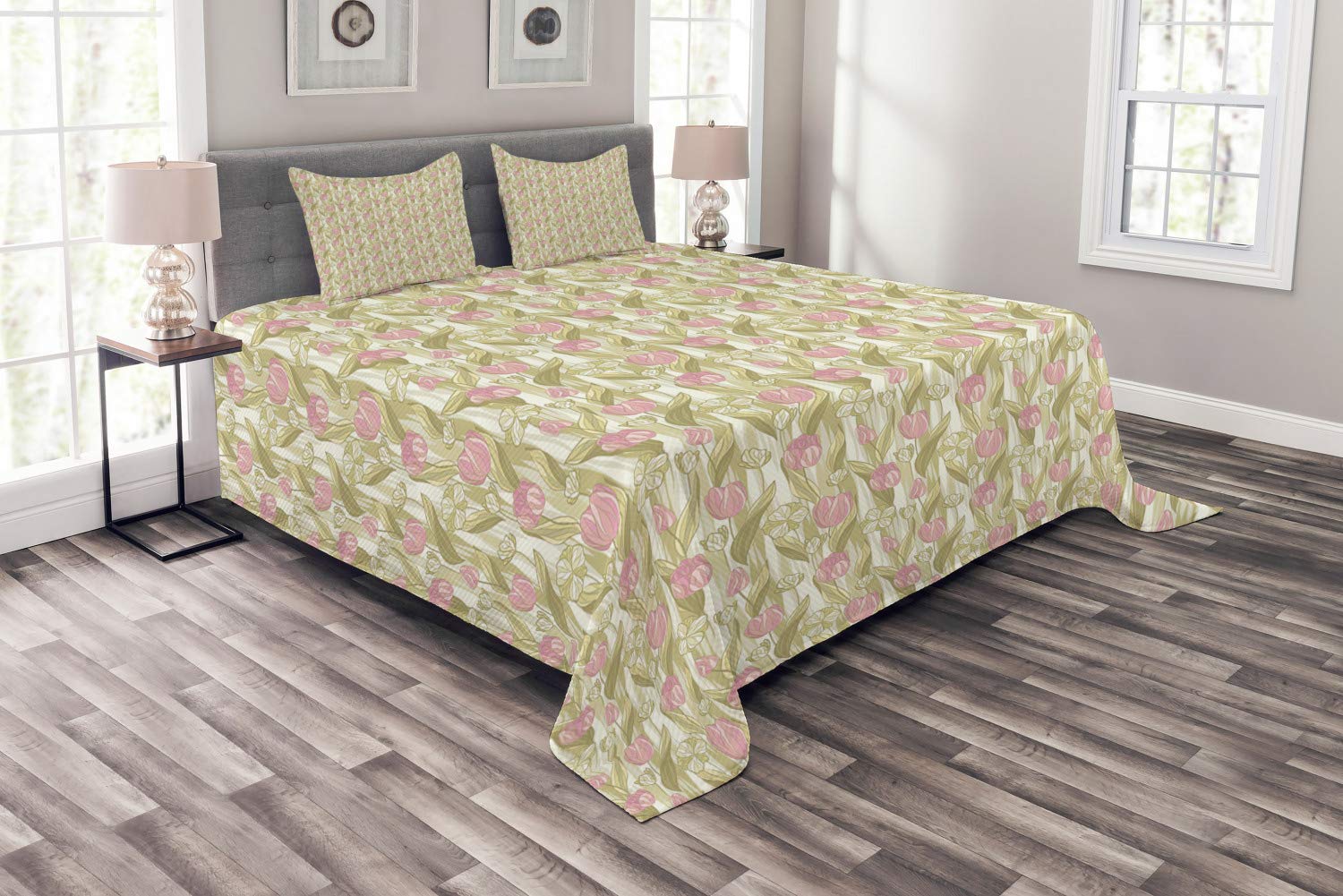 Lunarable Tulips Bedspread Set - Soft Pastel Tones Spring Floral Print, 3 Piece Quilted Coverlet with 2 Pillow Shams, King Size in Blush Pink, Khaki & Pale Yellow - Perfect for Bedroom Decor, Guest Room Makeover & Spring Home Refresh