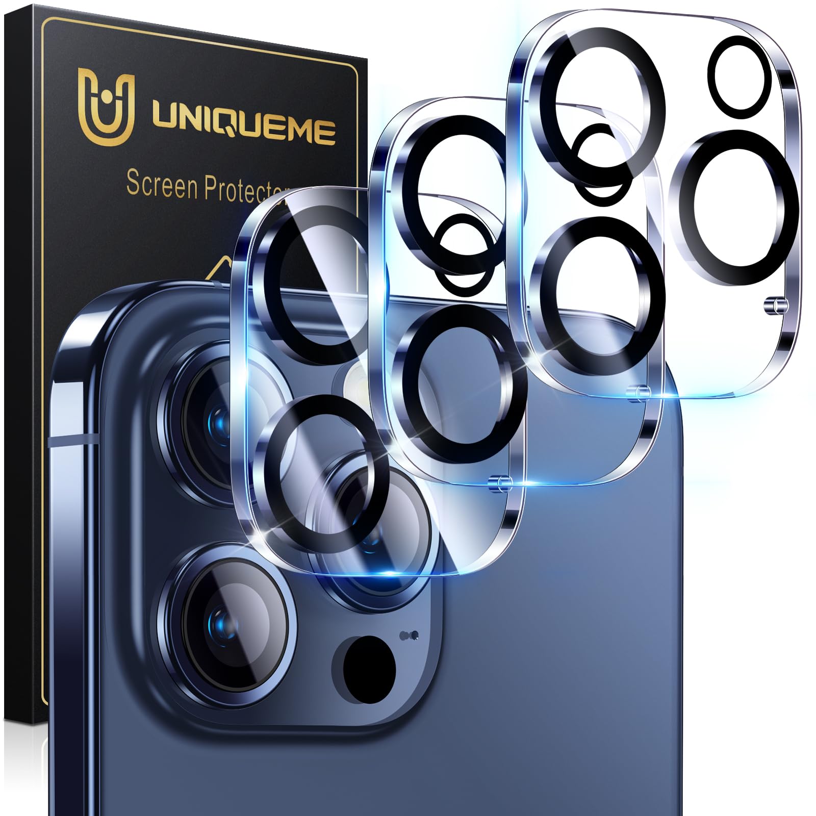 UniqueMe 3 Pack iPhone 15 Pro/Pro Max Camera Lens Protector - 9H Tempered Glass, Drop Protection, Case Friendly - Perfect for Outdoor Adventures & Daily Use