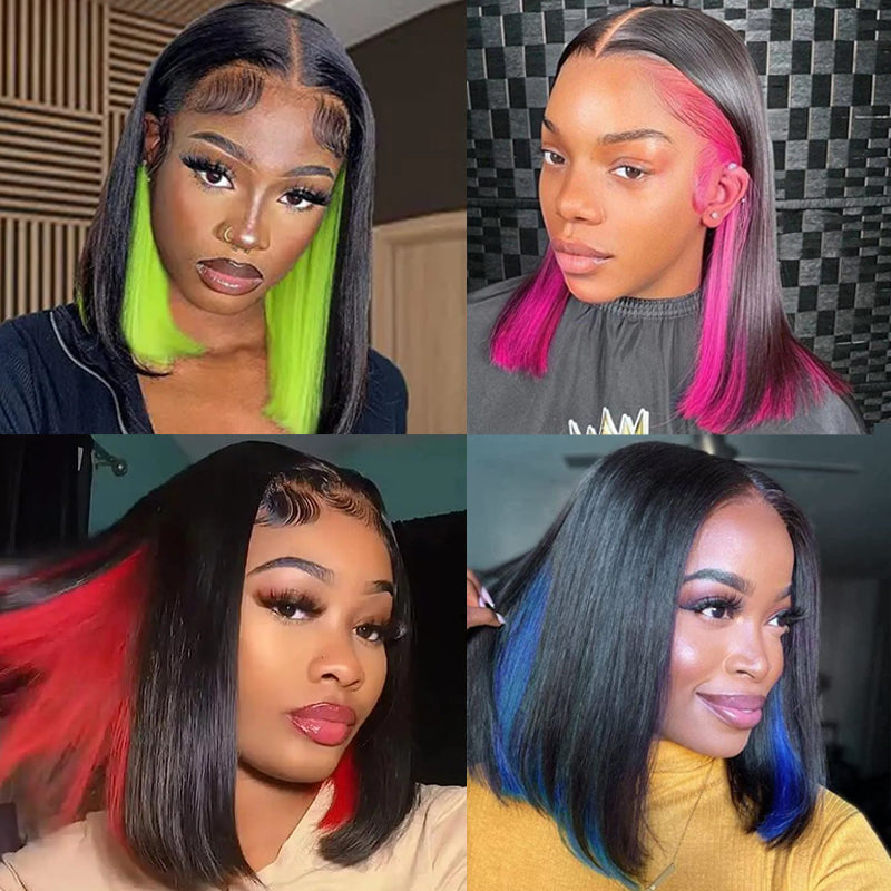 Eullair Peakaboo Highlights Colored Short Bob Wig - Inner Red/Pink/Blue/Green/Blonde Straight Human Hair Lace Frontal Wig for Cosplay, Halloween, Costume Parties & Daily Fashion