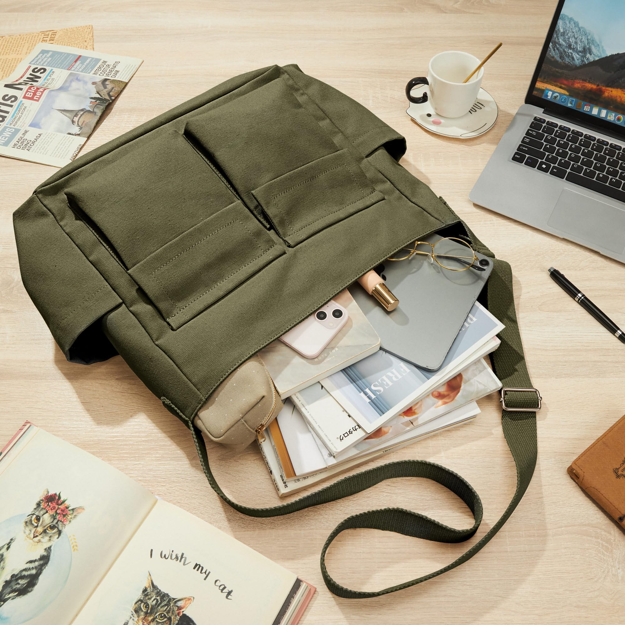 KALIDI Canvas Tote Bag for Women & Men - Large Crossbody Messenger Shoulder Bag - Durable Casual Bag for College, Work & Daily Use - Perfect for Shopping, Travel & Commuting
