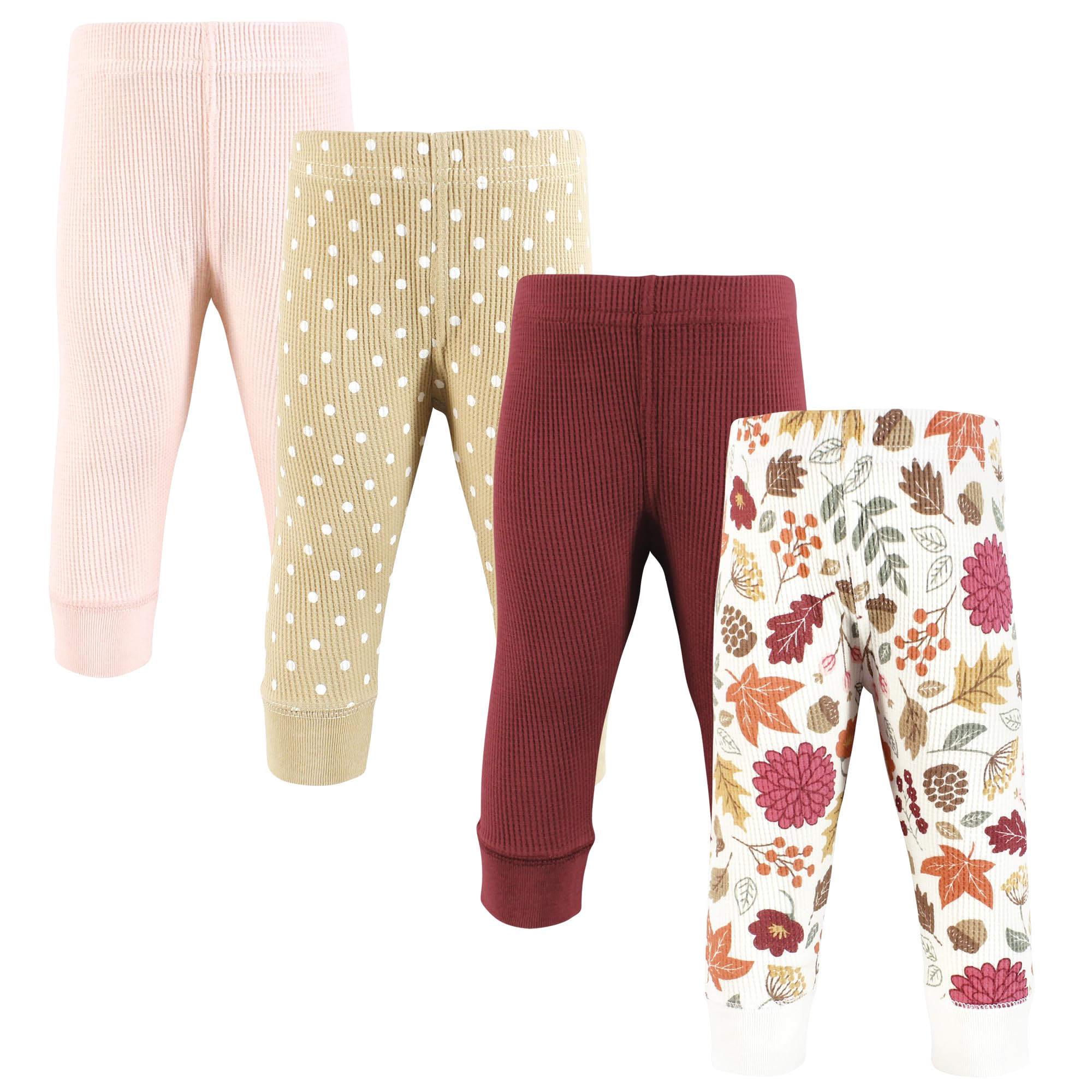 Hudson Baby Unisex Thermal Tapered Ankle Pants 4-Pack, Acorn Botanical Print - Soft Cotton Baby Pajama Bottoms for Boys & Girls, Cozy Winter Sleepwear & Playtime Outfits