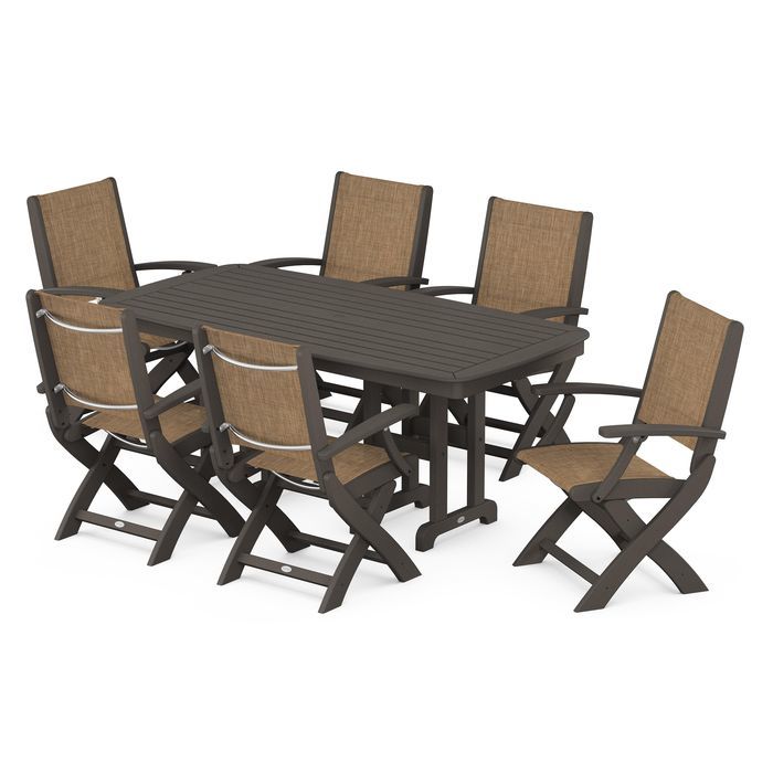 POLYWOOD Coastal Folding Arm Chair 7-Piece Outdoor Dining Set - Perfect for Patio, Deck, Poolside & Beachfront Entertaining