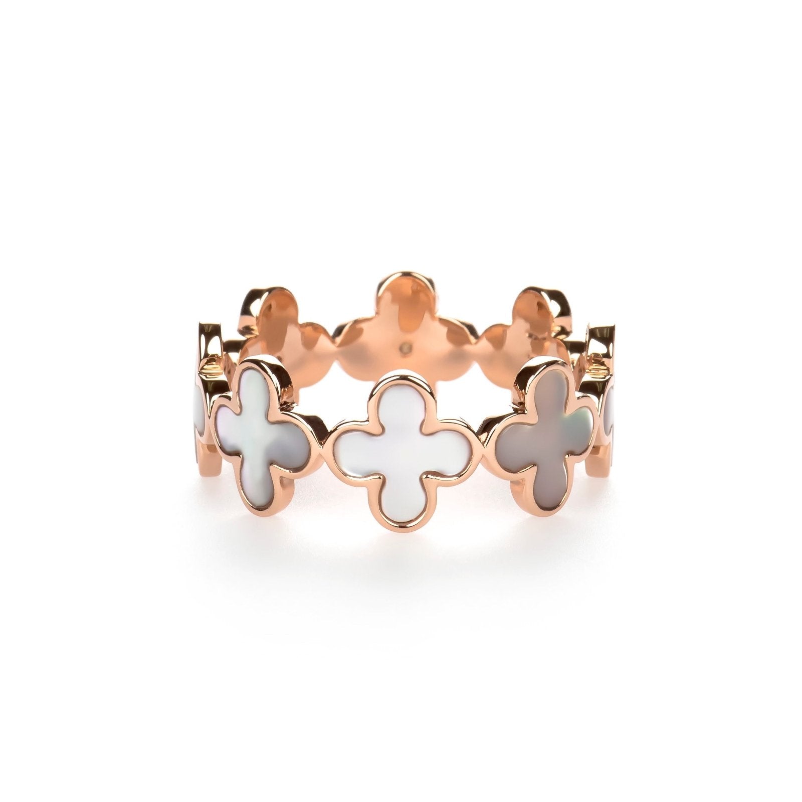 14k Rose Gold Mother of Pearl Clover Eternity Ring - Elegant Four Leaf Clover Jewelry for Women - Perfect for Anniversaries, Weddings & Special Occasions