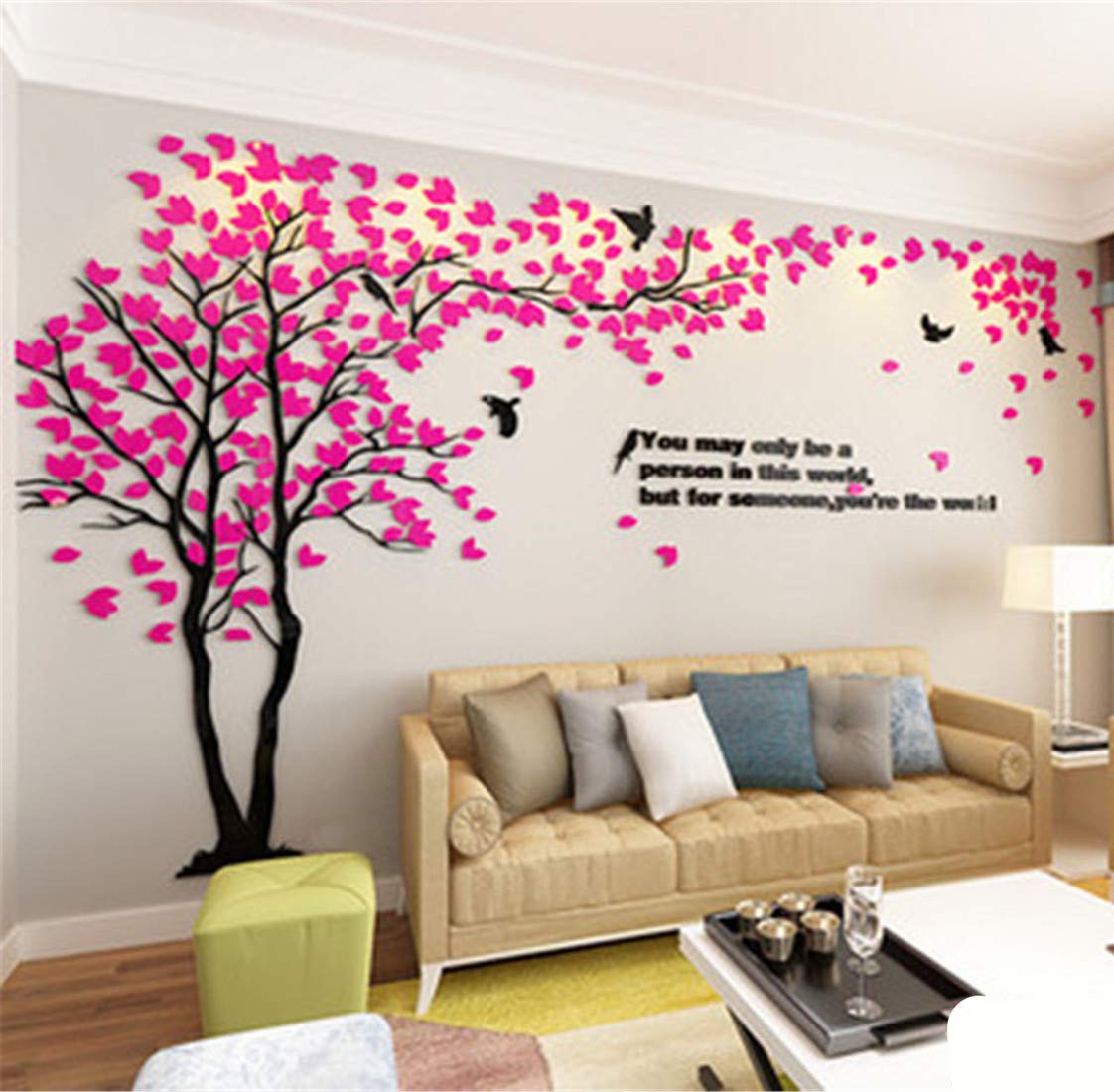 3D Tree Wall Stickers - DIY Tree and Birds Wall Decals for Living Room, Bedroom & Nursery - Large 158x79in Peel and Stick Wall Mural for Home Decor - Perfect for Couples, Family and Kids Room Decorations (Rose Left, XL Size)