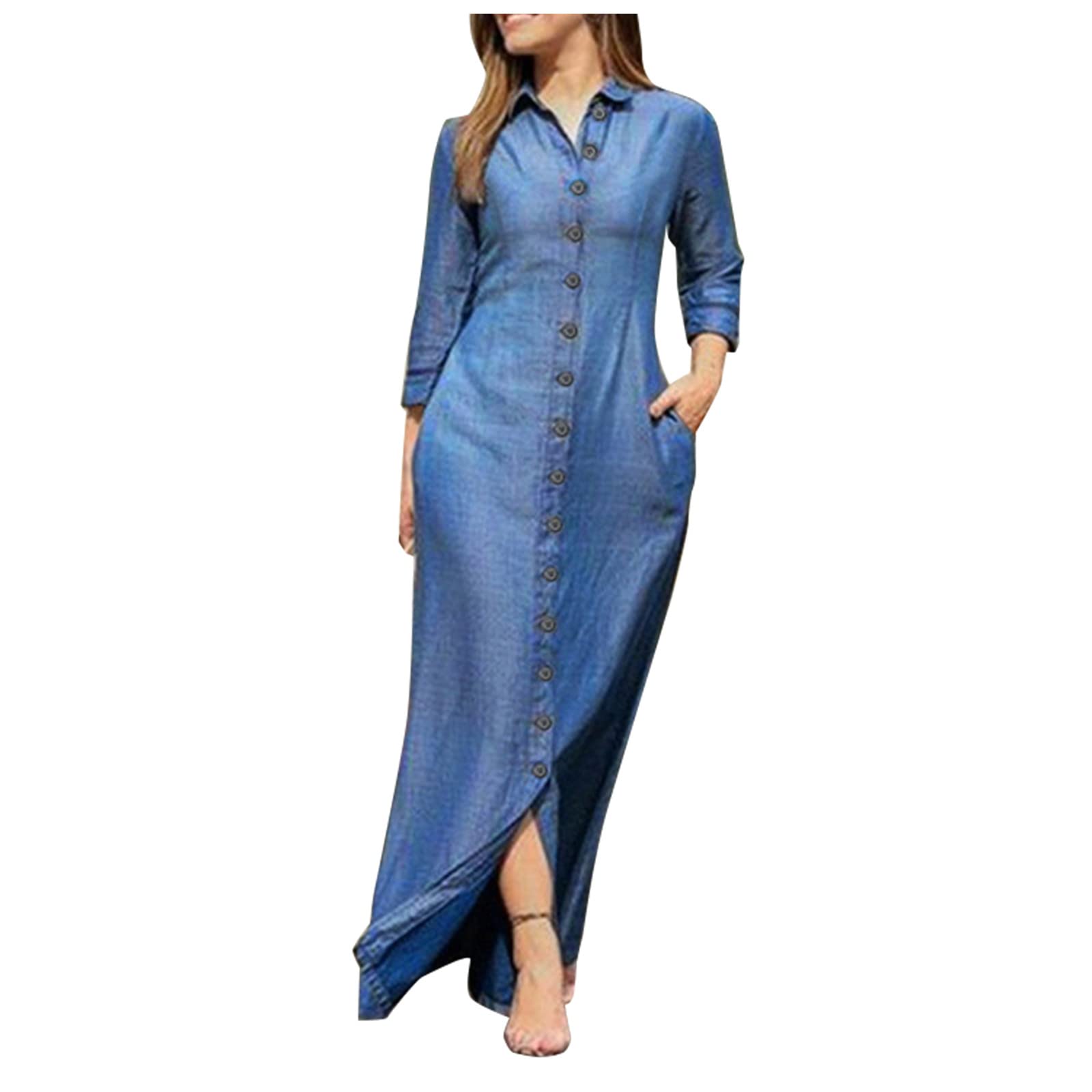 Women's Summer Long Sleeve Midi Dress - Loose Fit Solid Color Stand Collar Lace Lantern Sleeve Cute Small Dress for Casual Wear, Beach Outings & Date Nights