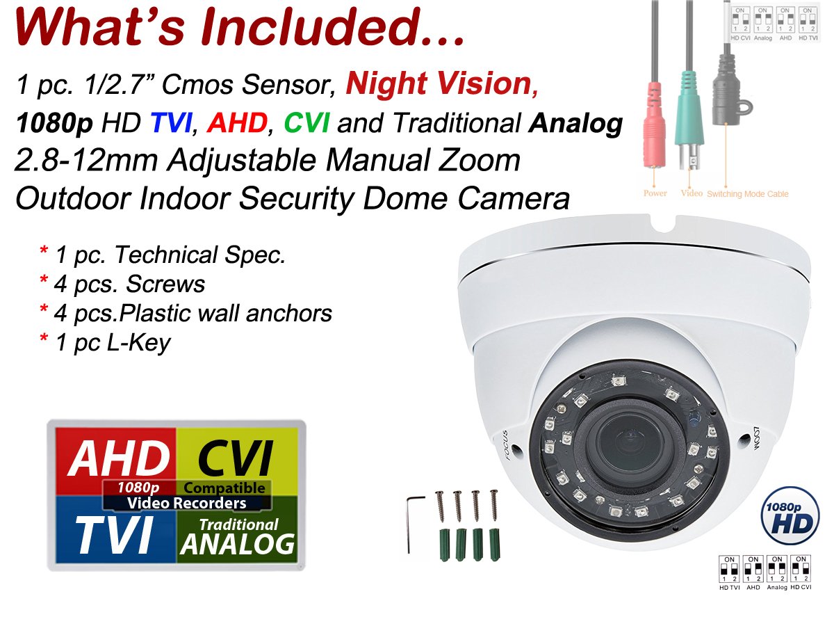 Evertech 1080p HD Security Dome Camera with 2.8-12mm Adjustable Lens | Wide Angle View | Night Vision | Indoor/Outdoor Surveillance | AHD/TVI/CVI/Analog 4-in-1 System | Perfect for Home, Office & Business Security Monitoring