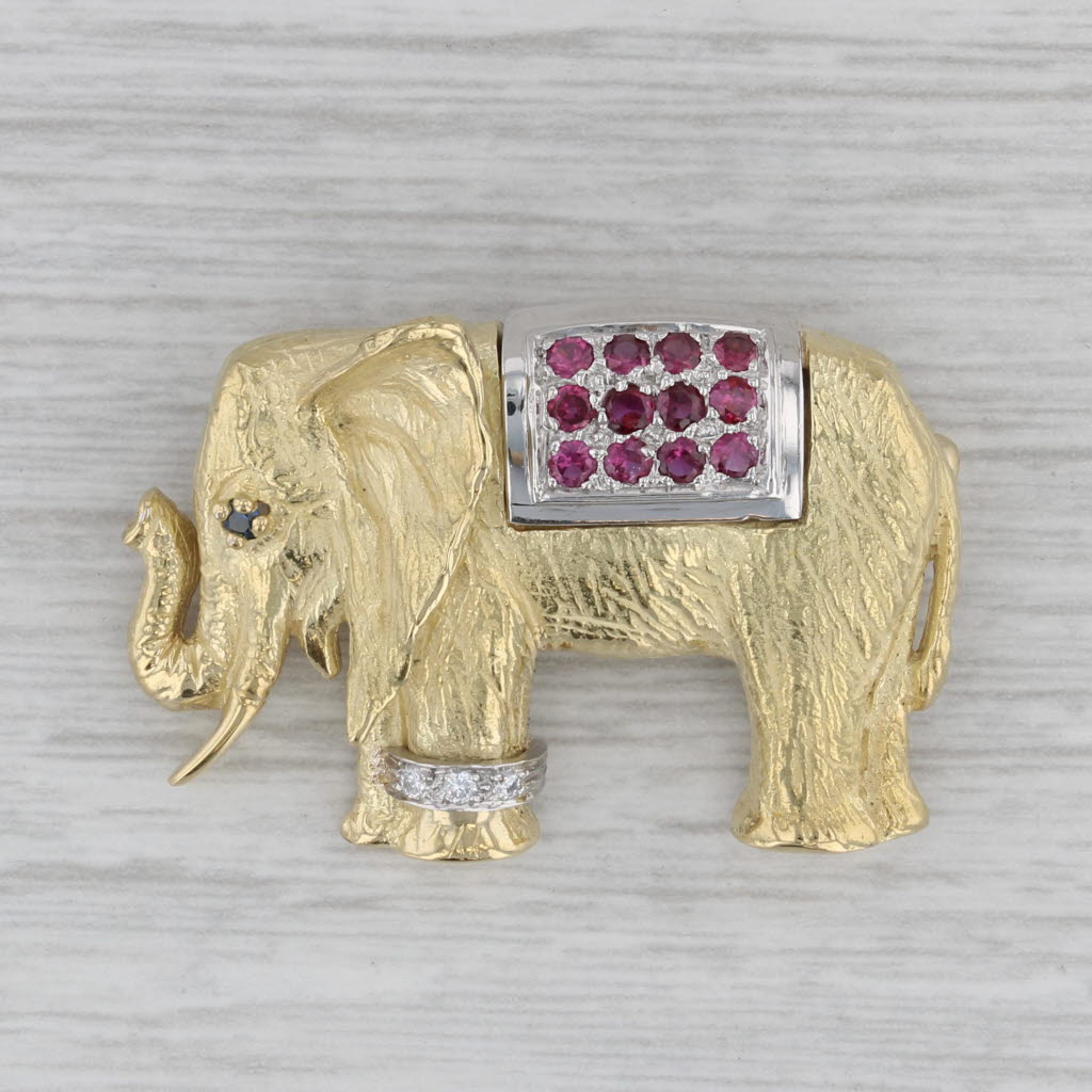 0.45ctw Ruby Diamond Sapphire Elephant Brooch - 18k Yellow Gold & Platinum Pin - Elegant Jewelry Gift for Women, Perfect for Weddings, Anniversaries & Special Occasions