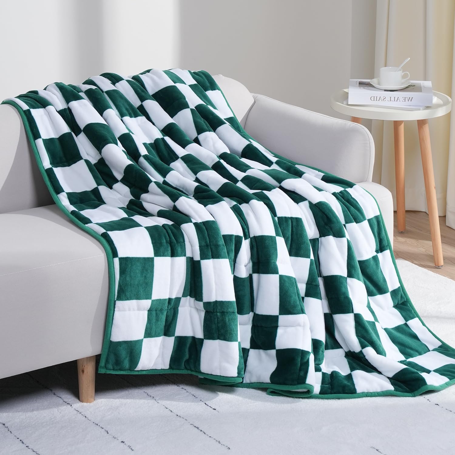 15 lbs Kaisa Weighted Blanket for Adults - Flannel Checkered Heavy Blanket for Anxiety Relief & Deep Sleep - Pressure Therapy Blanket in Green (48x72 inches) - Perfect for Stress Relief, Insomnia & Home Relaxation