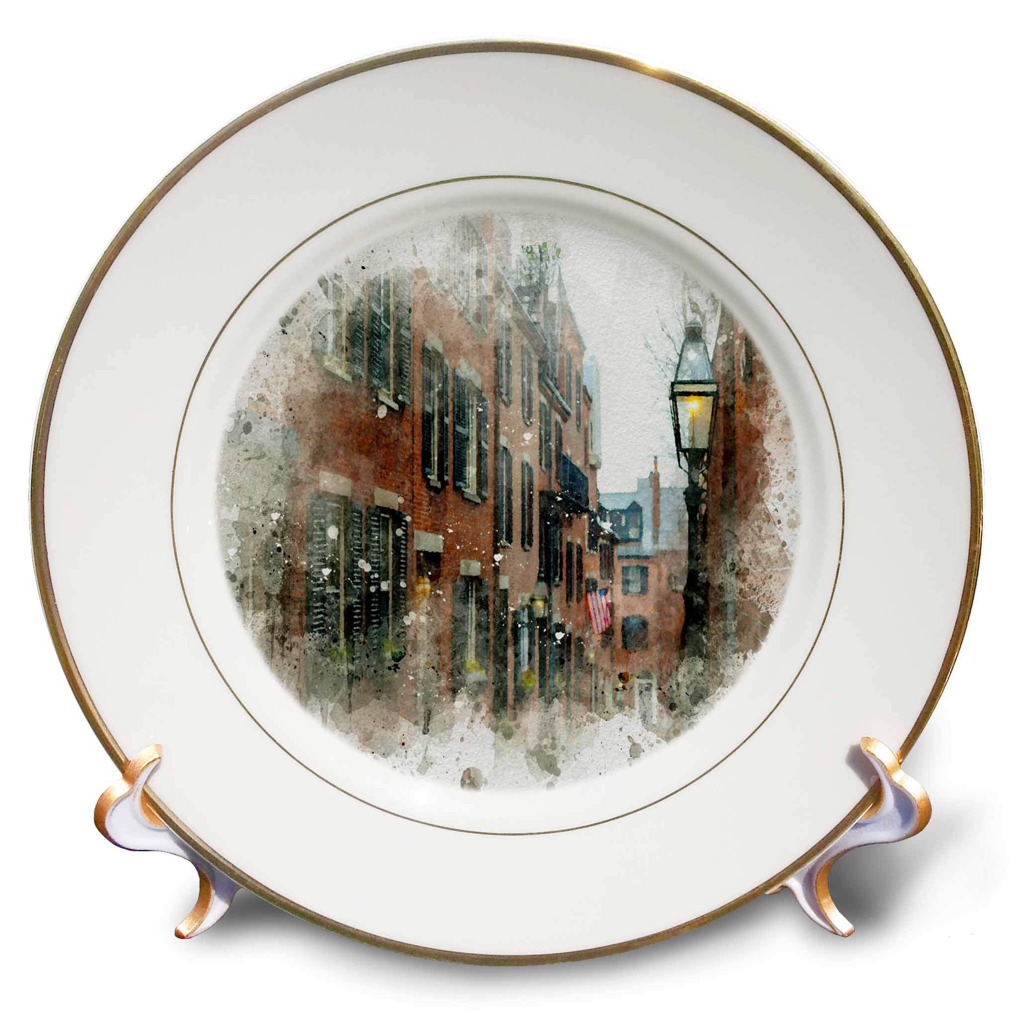 3dRose Watercolor Historical Boston Street Mixed Media Art Print - 8-Inch Wall Decor for Home, Office & Gifts | Perfect for Living Room, Bedroom & Office Spaces