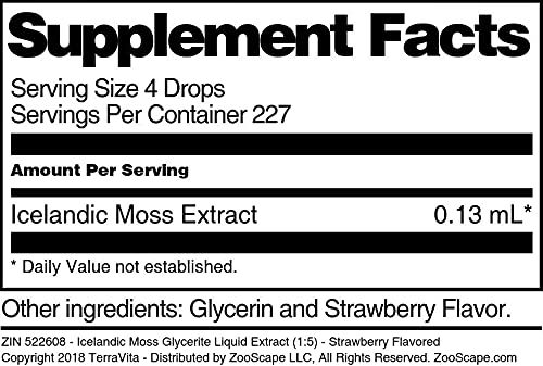 Organic Icelandic Moss Glycerite Liquid Extract (1:5) - Strawberry Flavored Herbal Supplement - 1 oz Bottle - ZIN 522608 - Supports Respiratory Health & Immunity - Perfect for Teas, Smoothies & Wellness Routines