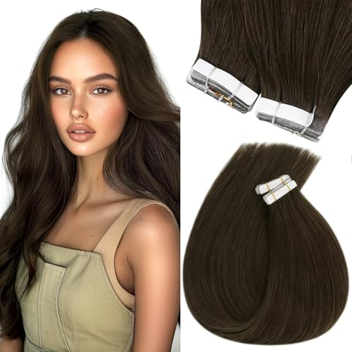 Sunny Tape in Hair Extensions 12 Inch 20Pcs - 100% Remy Human Hair, Invisible & Natural Looking Dark Brown Hair Extensions for Women - Perfect for Volume, Length & Styling for Parties, Weddings & Daily Wear