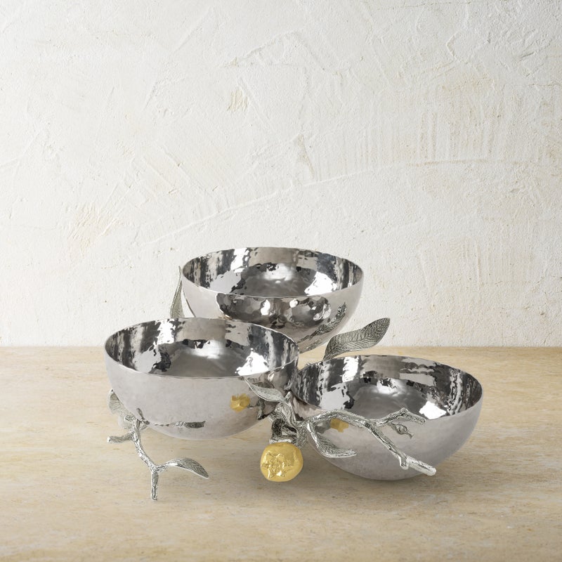 Premium Pomegranate Silver & Gold Triple Bowl Set - Elegant Fruit Serving Bowl for Parties, Weddings & Home Decor