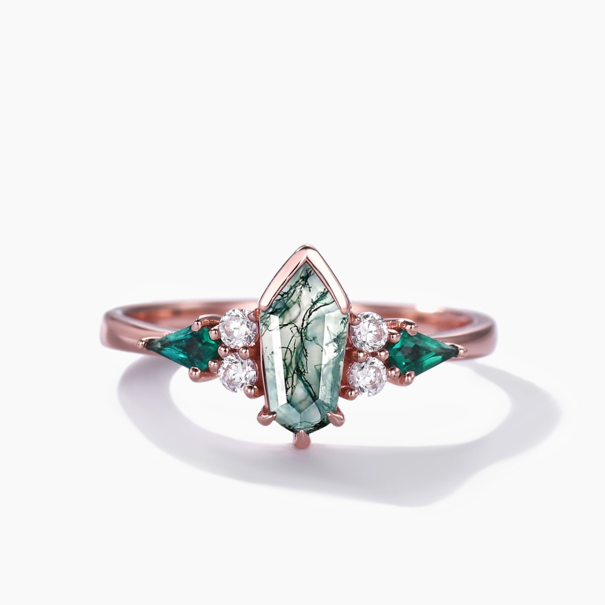 Unique Moss Agate Wedding Ring Set in Rose Gold - Gothic Engagement Ring with Coffin Shield Cut - Perfect for Alternative Weddings, Dark Romance & Gothic Bridal Jewelry