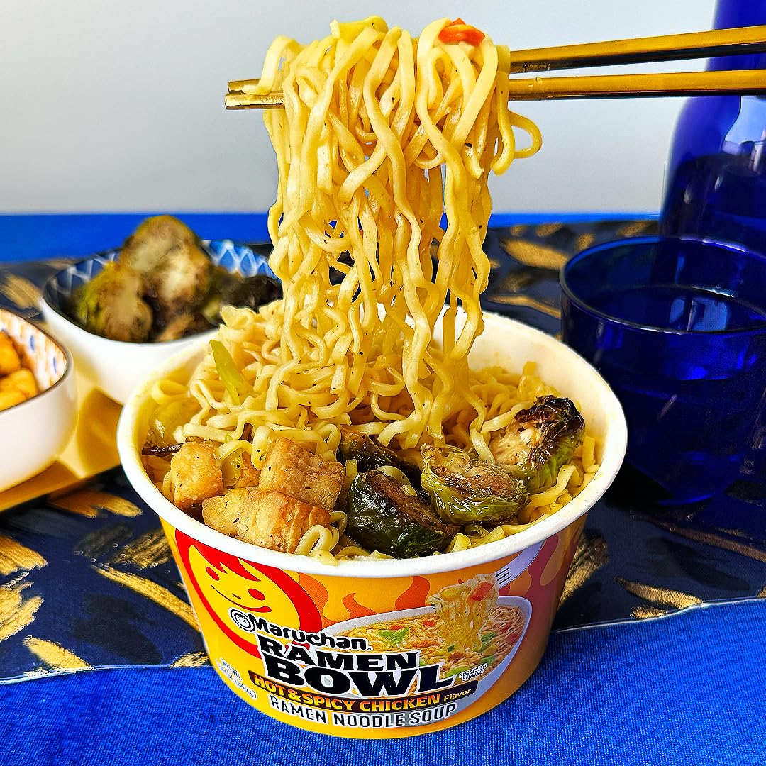 Maruchan Bowl Hot & Spicy Chicken Ramen Soup - Microwaveable Instant Noodles, 3.32 Oz (6-Pack) - Quick Lunch, Office Meals & College Dorm Snacks